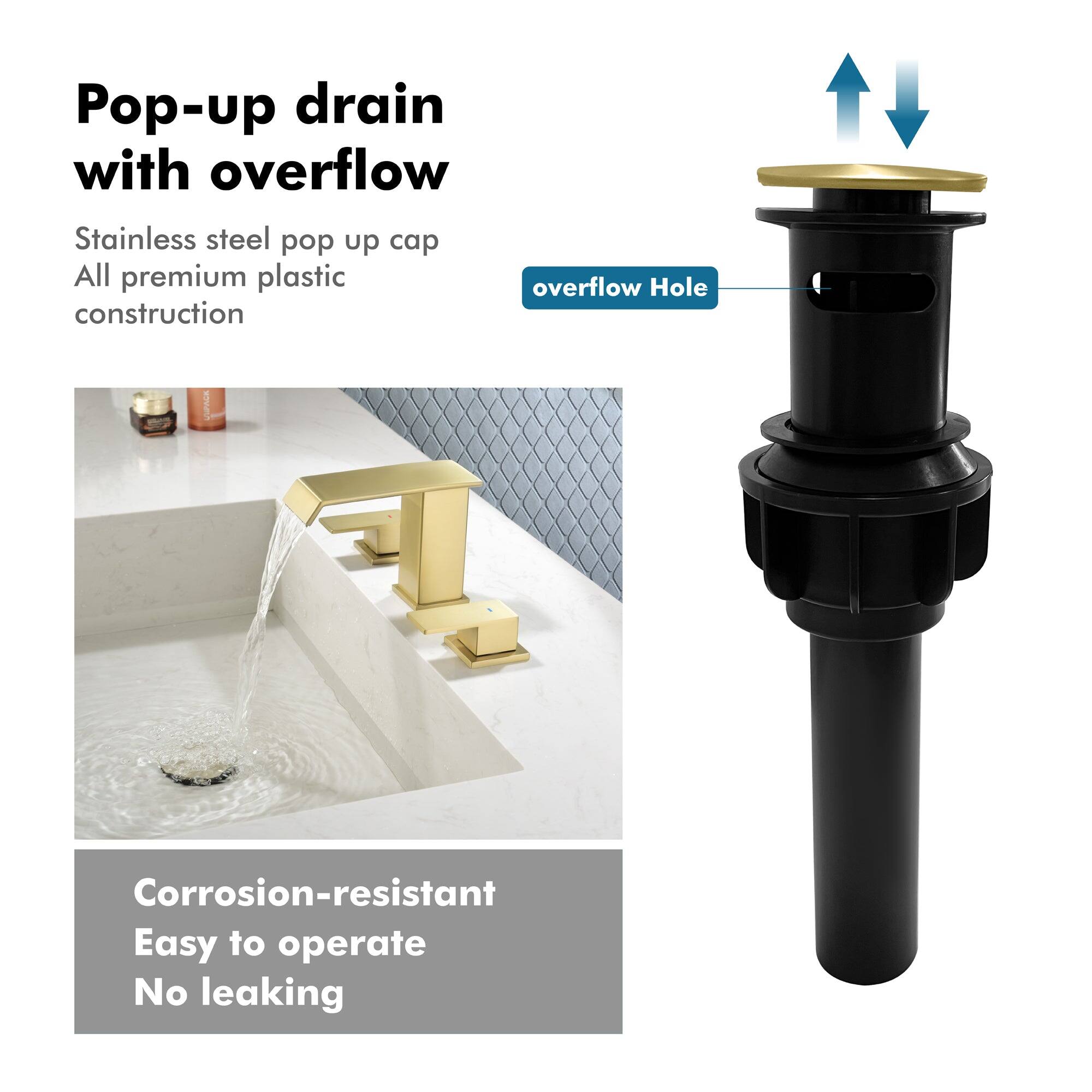 Pop-up drain with overflow

Stainless steel pop up cap  
All premium plastic construction

Corrosion-resistant  
Easy to operate  
No leaking

overflow Hole