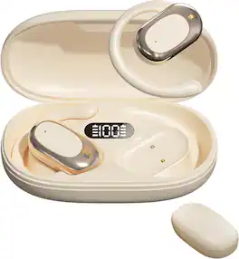 SKRAN - True Wireless Open-Ear Headphones - Bone Conduction,Noise Canceling,LED Display - for Gym,Office - Off-white