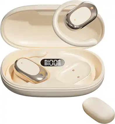 Front. SKRAN - True Wireless Open-Ear Headphones - Bone Conduction,Noise Canceling,LED Display - for Gym,Office - Off-white.