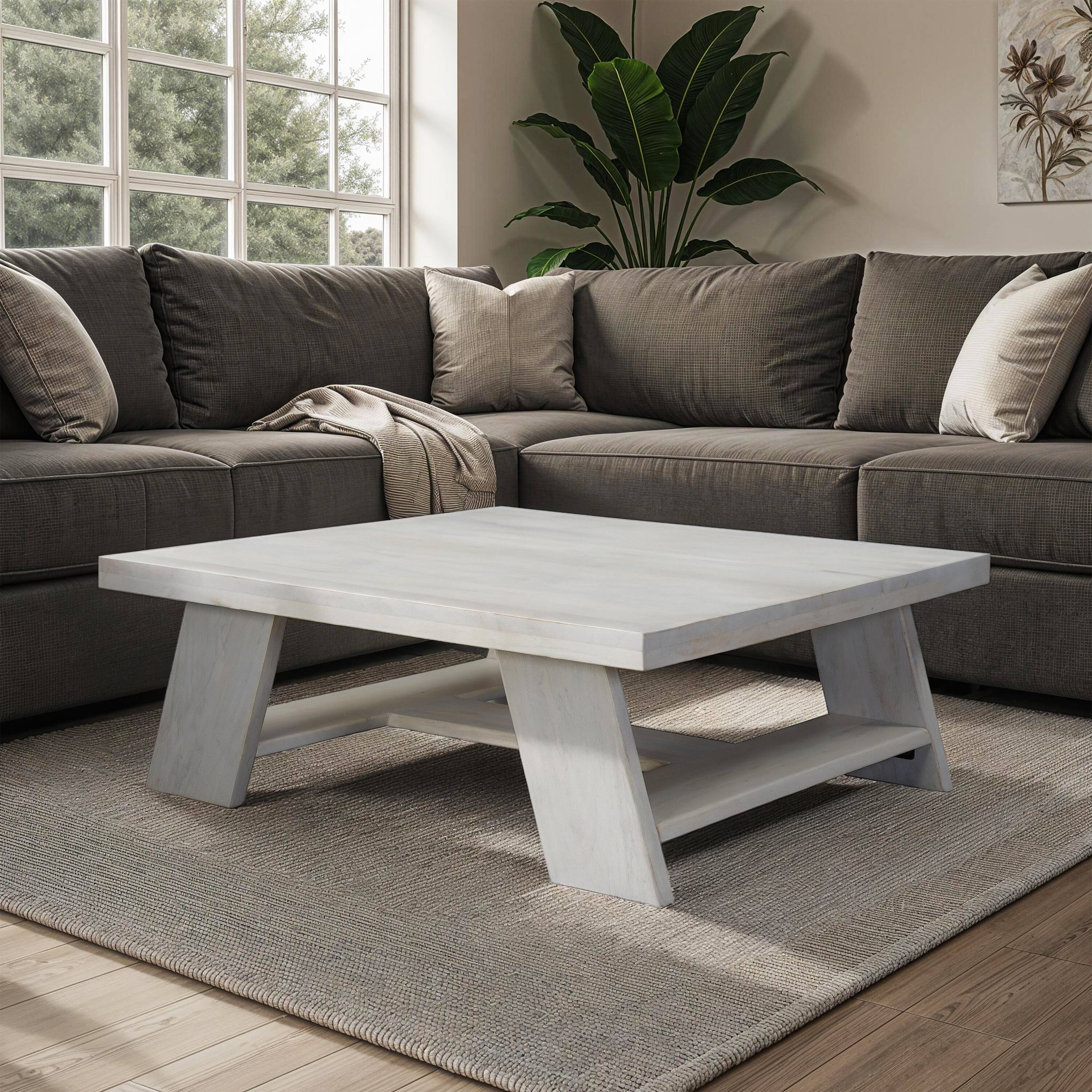 Alt View 7. Manhattan Lane - Aya 40" Square Coffee Table | Biscotti White Mango Wood | Bold Angled Legs - White.