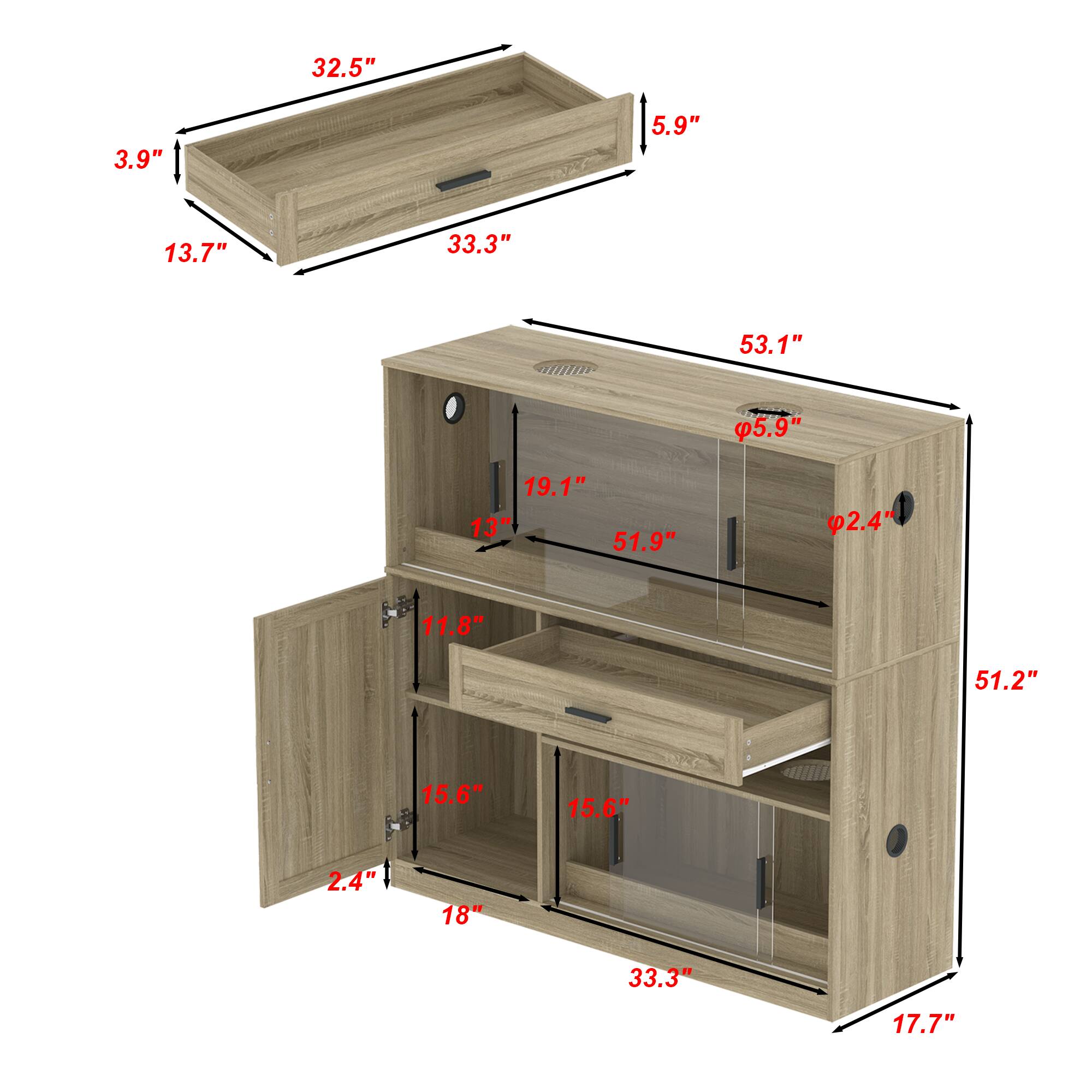 - Top drawer: 32.5" x 33.3" x 3.9"
- Bottom drawer: 32.5" x 33.3" x 5.9"
- Cabinet height: 53.1"
- Cabinet width: 51.2"
- Cabinet depth: 17.7"
- Top shelf: 51.9" x 19.1" x 2.4"
- Middle shelf: 51.9" x 15.6" x 2.4"
- Bottom shelf: 51.9" x 15.6" x 2.4"
- Door height: 51.2"
- Door width: 18"
- Door handle diameter: 2.4"
- Side panel width: 5.9"
- Side panel height: 51.2"