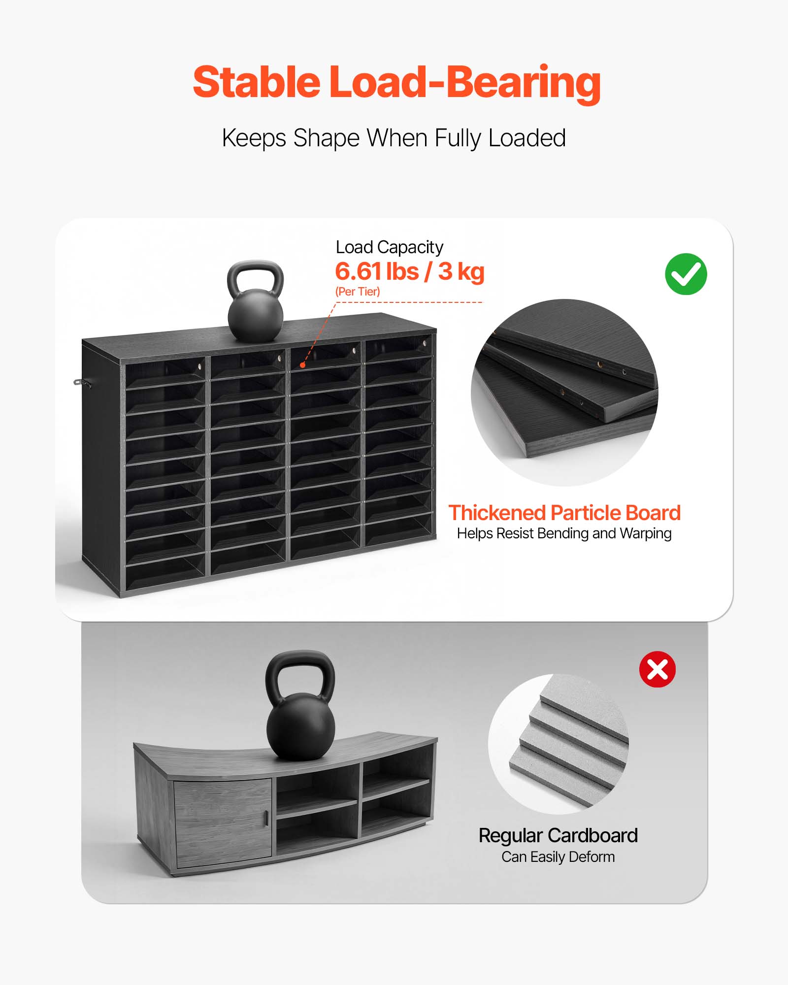 Stable Load-Bearing  
Keeps Shape When Fully Loaded  

Load Capacity  
6.61 lbs / 3 kg (Per Tier)  

Thickened Particle Board  
Helps Resist Bending and Warping  

Regular Cardboard  
Can Easily Deform