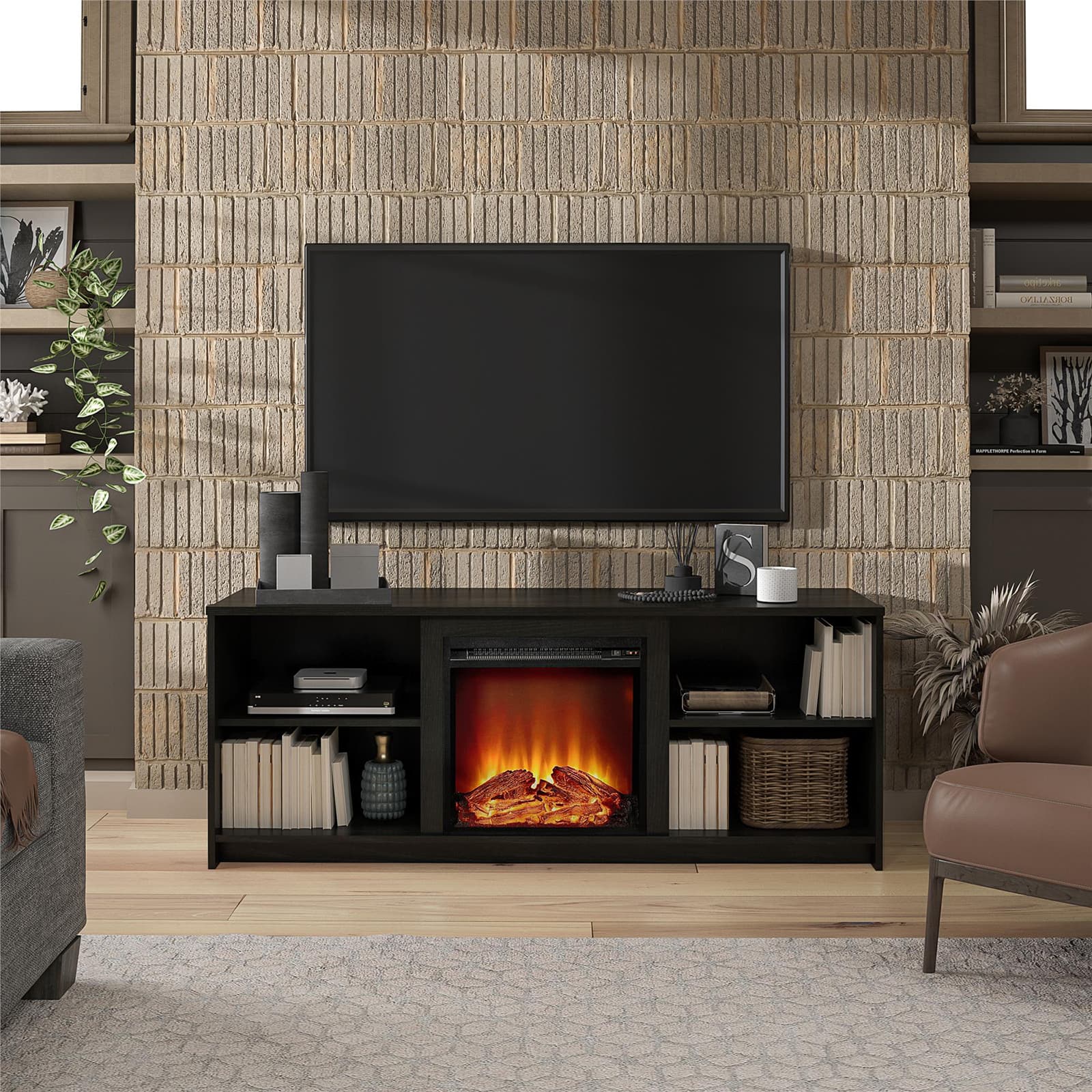Chateau Abodes - 60" Modern Fireplace TV Stand with 18" Electric Fireplace for TVs up to 65" - Black