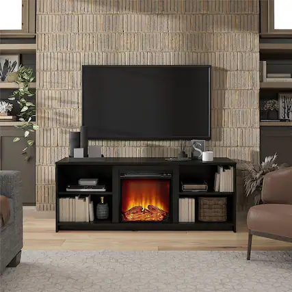 Front. Chateau Abodes - 60" Modern Fireplace TV Stand with 18" Electric Fireplace for TVs up to 65" - Black.