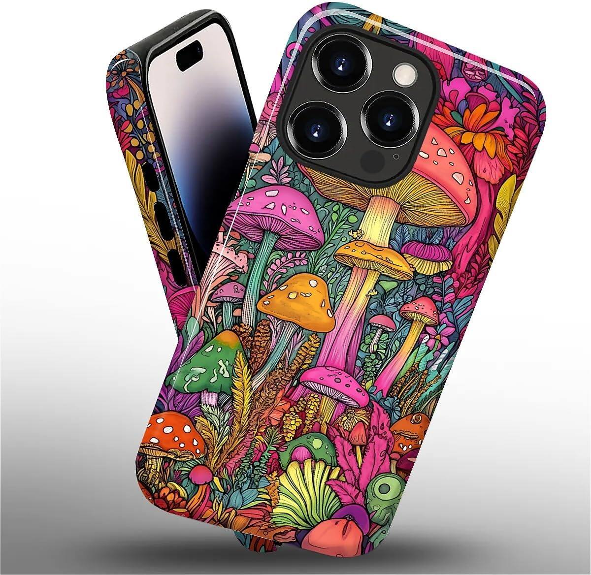 Alt View 2. Wikistore - Case for iPhone 14 Pro - Hybrid 2-Layer Durable Smartphone Protection Case - Psychedelic Mushrooms.