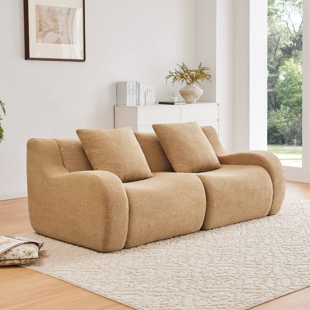 Ropilly Teddy Fabric Loveseat Sofa, 2 Seat Modular Sofa, Camel ...