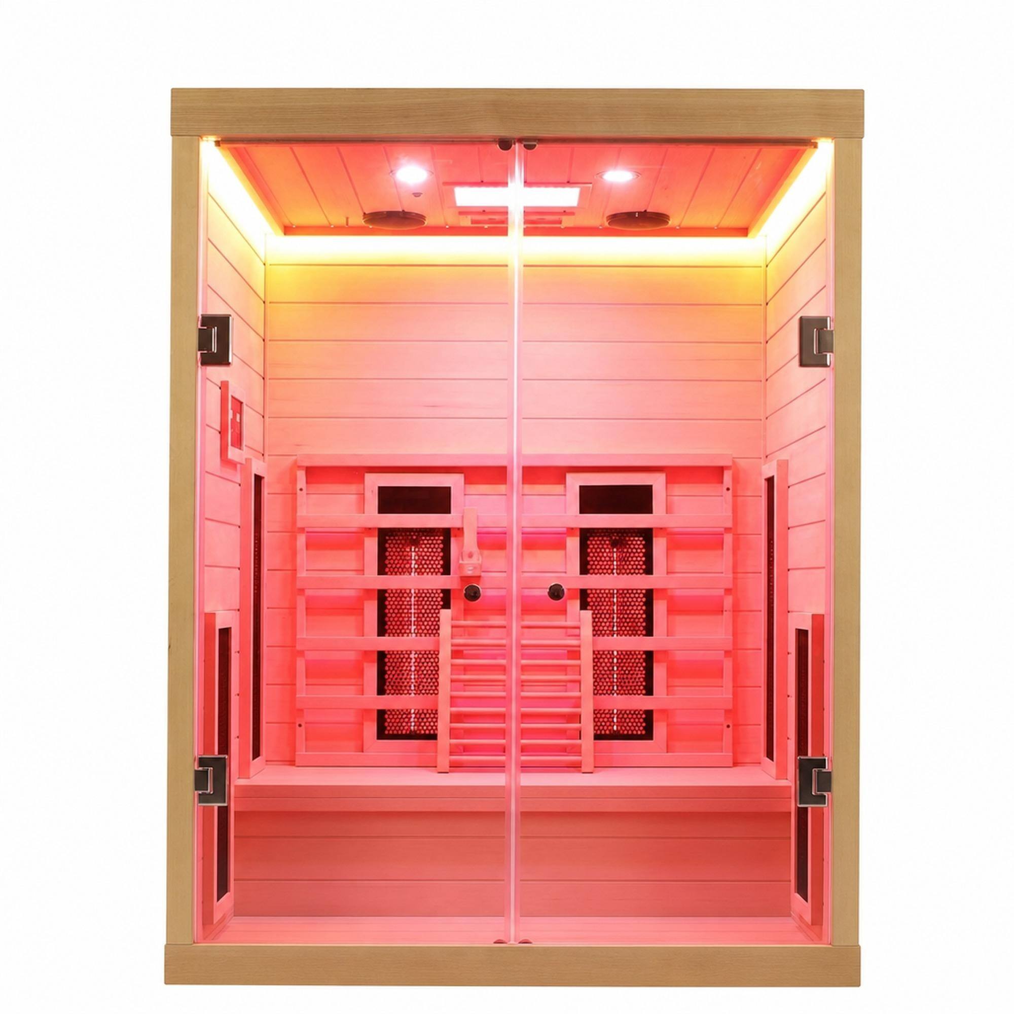 Front. RYHNUYNE - Two-Person Hemlock Wood Far-Infrared Sauna Room, Clear Wood Grain, Carbon Crystal Heating Panels, Indoor Use - Natural.