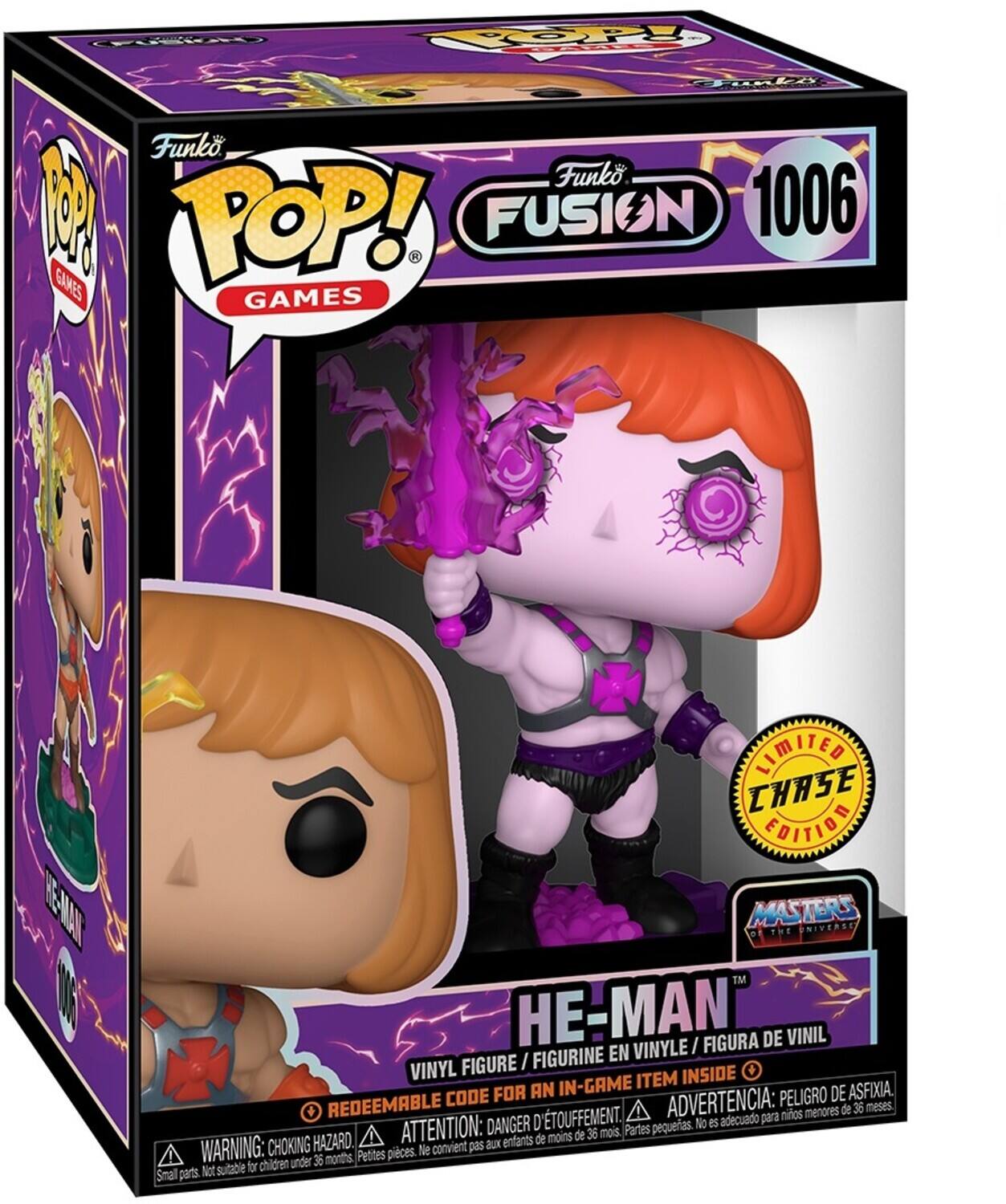 Funko M POP! FUSION 1006 H GAMES GAMES REDEEMABLE CODE FOR AN IN-GAME ITEM INSIDE LIMITED CHASE EDITION MASTERS THE UNIVERSE TM HE-MAN I FIGURA DE VINIL FIGURINE EN VINYLE VINYL FIGURE I ADVERTENCIA: Peligro de asfixia. No es adecuado para niños menores de 36 meses. WARNING: Choking Hazard. Parts not suitable for children under 36 months. Petites pieces. Not suitable for children under 36 months.