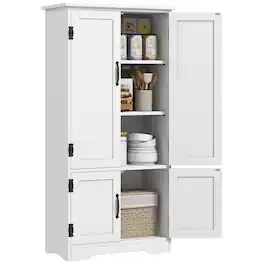 Homcom - 48.5" Kitchen Pantry Cabinet with 2 Adjustable Shelves and 4 Beadboard Doors, Compact Farmhouse Kitchen Storage Cabinet - White