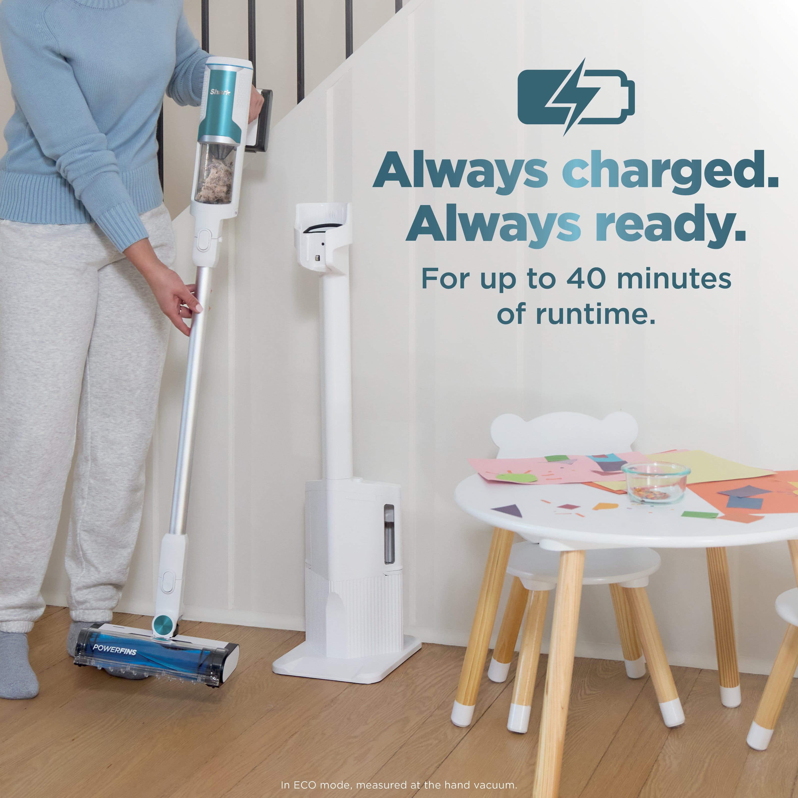 "Always charged. Always ready. For up to 40 minutes of runtime. Powerfin in ECO mode, measured at the hand vacuum."