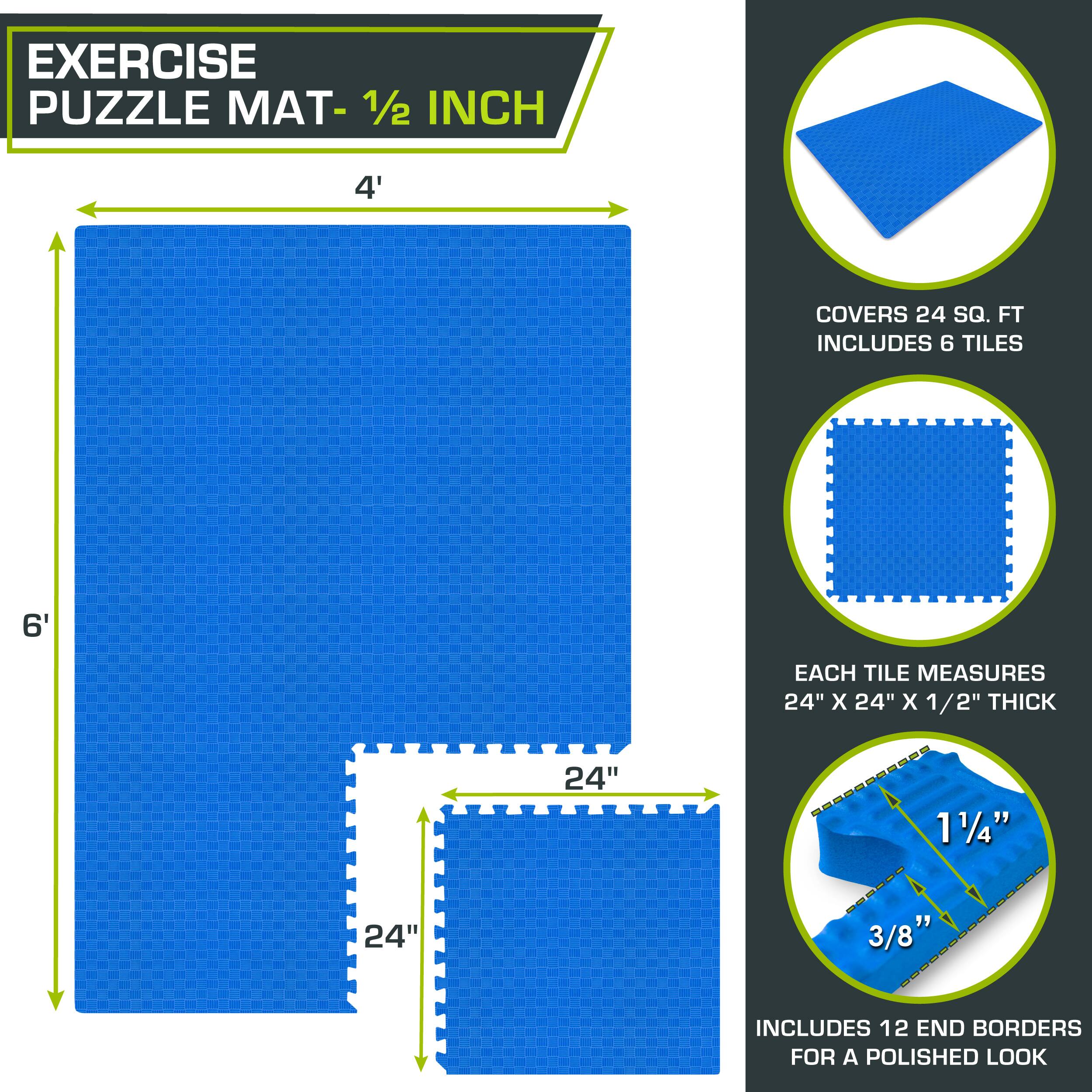 The corrected text is:

"Exercise Puzzle Mat - 1/2 Inch
4' x 6' Covers 24 Sq. Ft.
Includes 6 Tiles, Each Tile Measures 24" x 24" x 1/2" Thick
Includes 12 End Borders for a Polished Look"