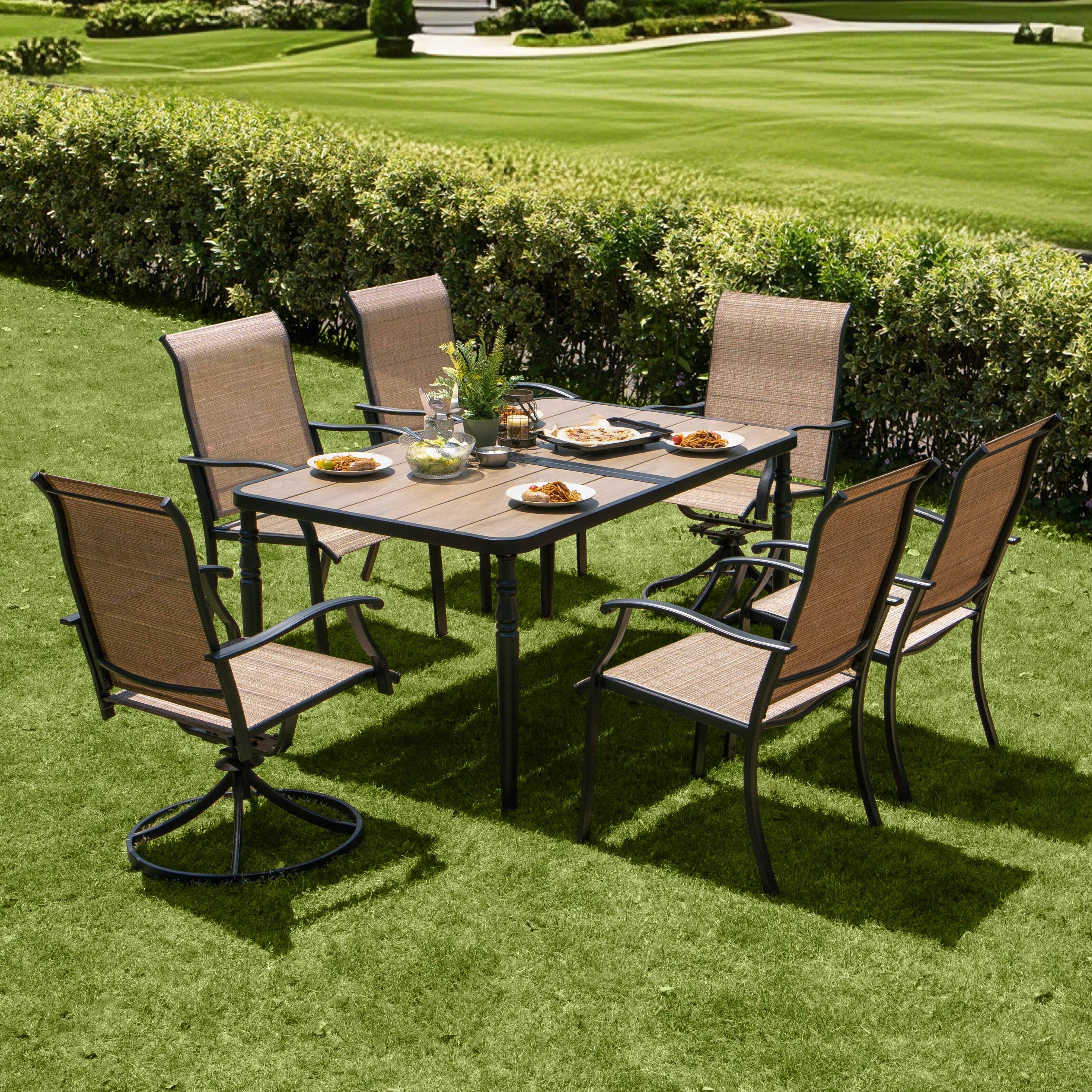 Angle. Nuu Garden - 7-Piece Patio Outdoor Textilene and Metal Dining Set with Umbrella Hole - Brown and Black.