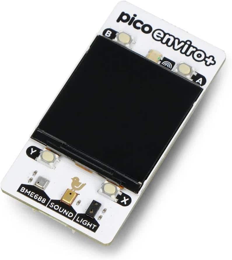 Pimoroni - PIM635 Enviro+ Pack add-on for Raspberry Pi Pico and Pico W. It has a built-in colour 1.54" LCD screen