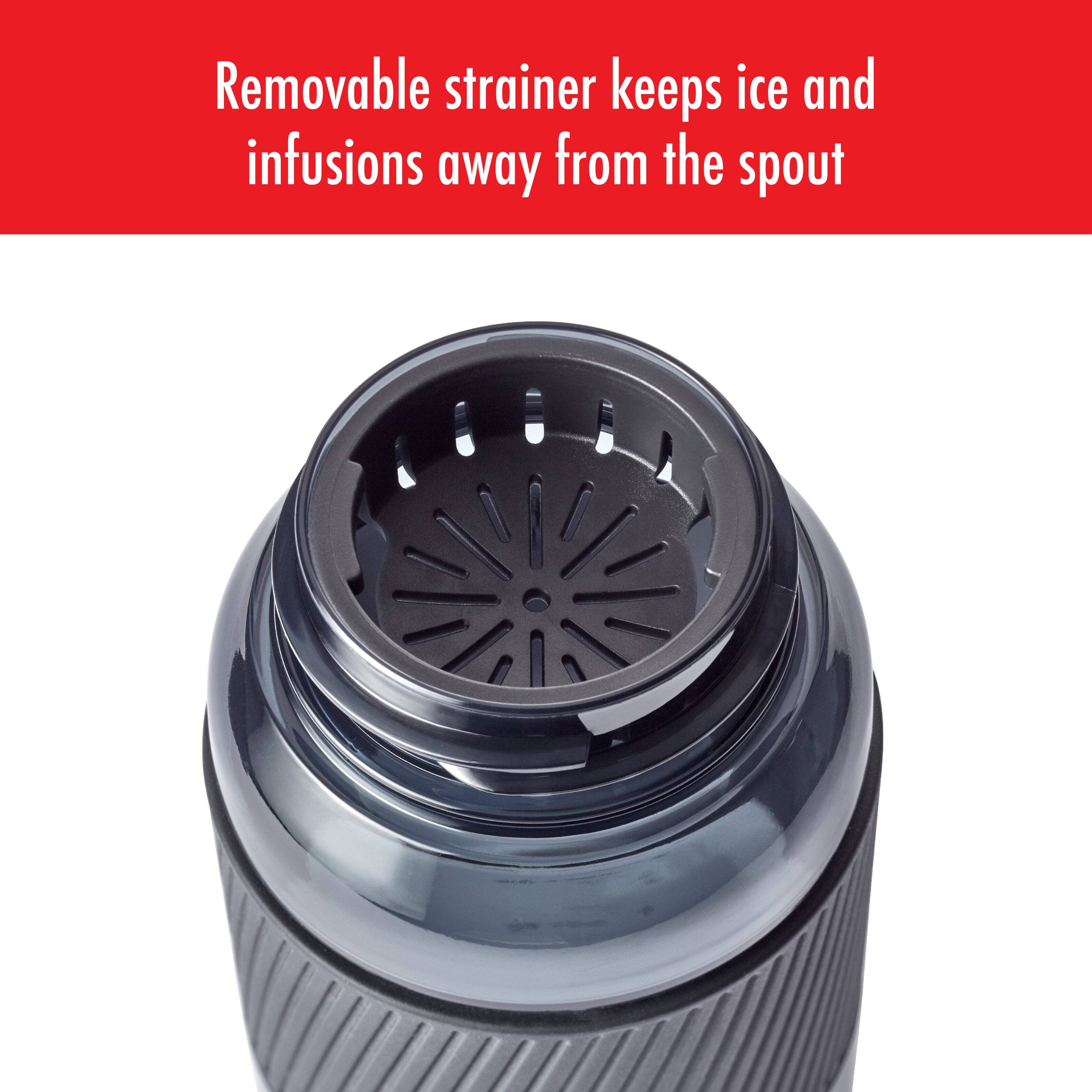 Removable strainer keeps ice and infusions away from the spout