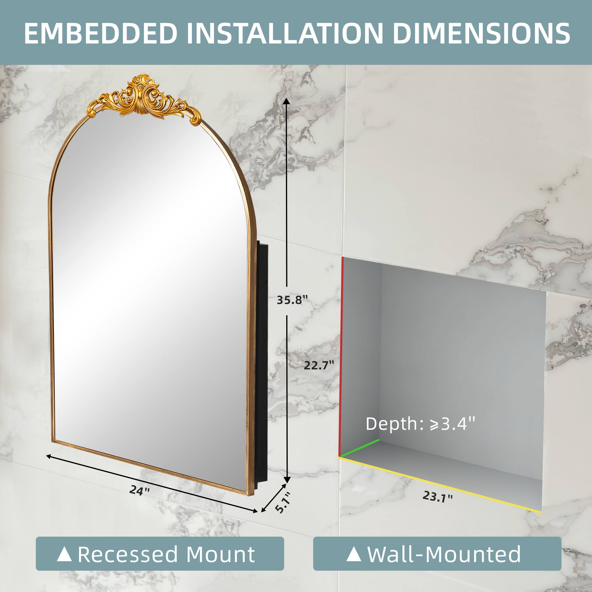 EMBEDDED INSTALLATION DIMENSIONS

Recessed Mount:
- Height: 35.8"
- Width: 24"
- Depth: 5.1"

Wall-Mounted:
- Height: 22.7"
- Depth: ≥3.4"
- Width: 23.1"