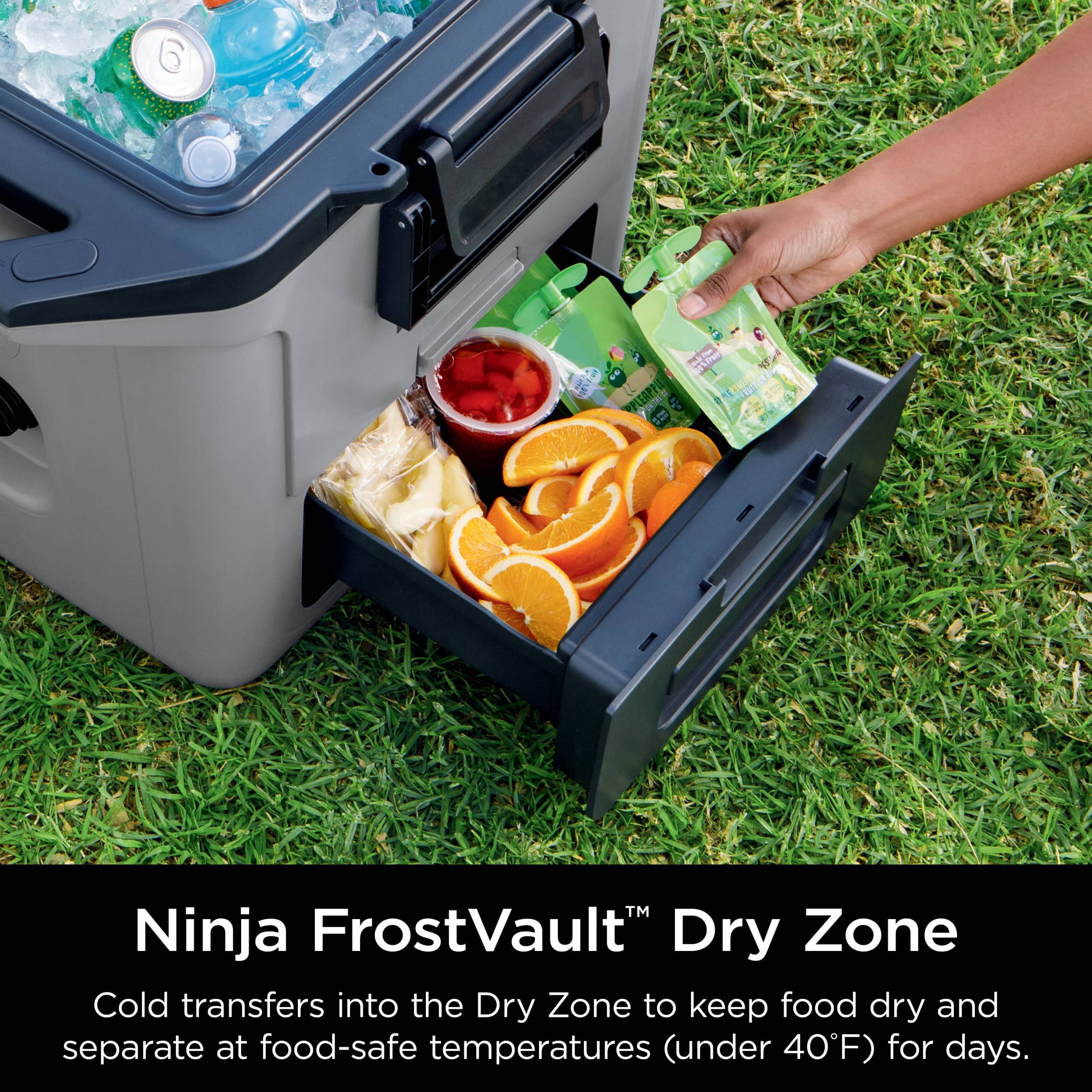 Ninja FrostVault Dry Zone Cold transfers into the Dry Zone to keep food dry and separate at food-safe temperatures (under 40F) for days.
