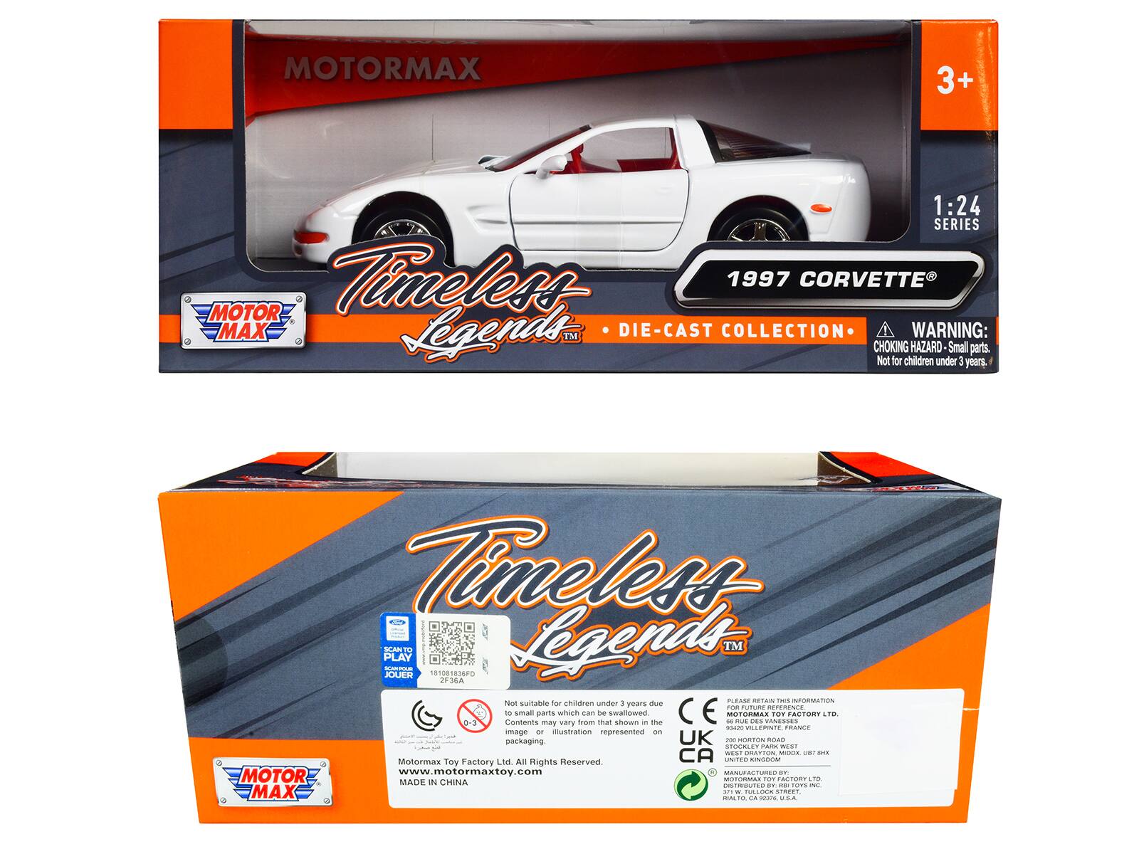 **Front of the Box:**

- **Top Left:** MOTOR MAX
- **Top Right:** 3+
- **Main Text:** Timeless Legends™
- **Below Main Text:** 1997 CORVETTE®
- **Below Corvette:** DIE-CAST COLLECTION
- **Top Right Corner:** 1:24 SERIES
- **Warning Label:** WARNING: CHOKING HAZARD - Small parts. Not for children under 3 years.
- **Bottom Left:** MOTOR MAX
- **Bottom Right:** www.motormaxtoy.com
- **Bottom Left Corner:** MADE IN CHINA

**Back of the Box:**

- **Top Left:** MOTOR MAX
- **Top Right:** 3+
- **Main Text:** Timeless Legends™
- **Below Main Text:** DIE-CAST COLLECTION
- **Top Right Corner:** 1:24 SERIES
- **Warning Label:** WARNING: CHOKING HAZARD - Small parts. Not for children under 3 years.
- **QR Code and Text:** SCAN TO PLAY 1801891836A
- **Text Below QR Code:** Not suitable for children under 3 years due to small parts which can