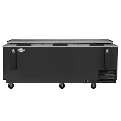 Front. Koolmore - 95 in. Commercial Bottle Cooler in Black with Built-In Opener, ETL Listed, 30 cu. ft. (KM-BOC95-BK) - Black painted steel.