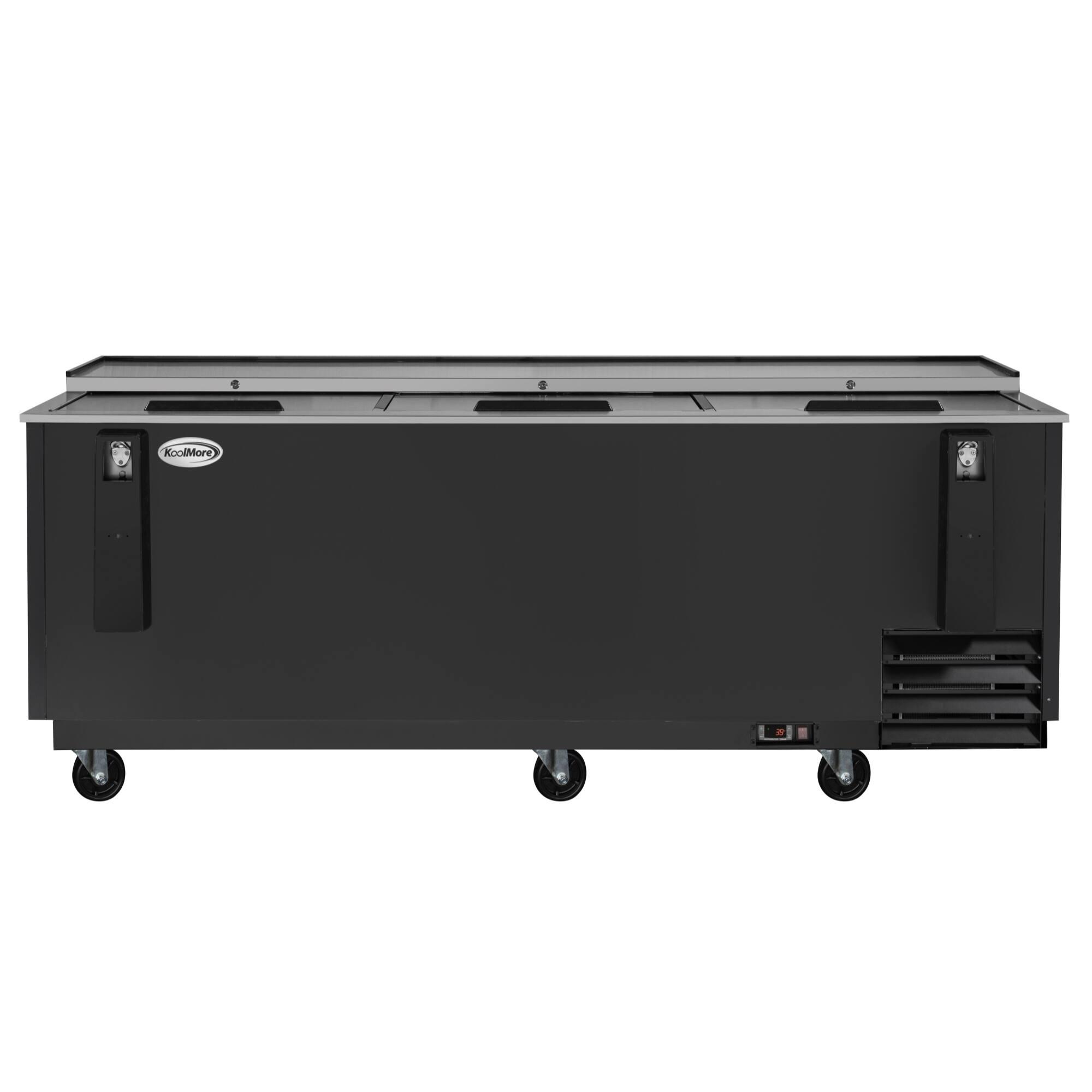 Front. Koolmore - 95 in. Commercial Bottle Cooler in Black with Built-In Opener, ETL Listed, 30 cu. ft. (KM-BOC95-BK) - Black painted steel.