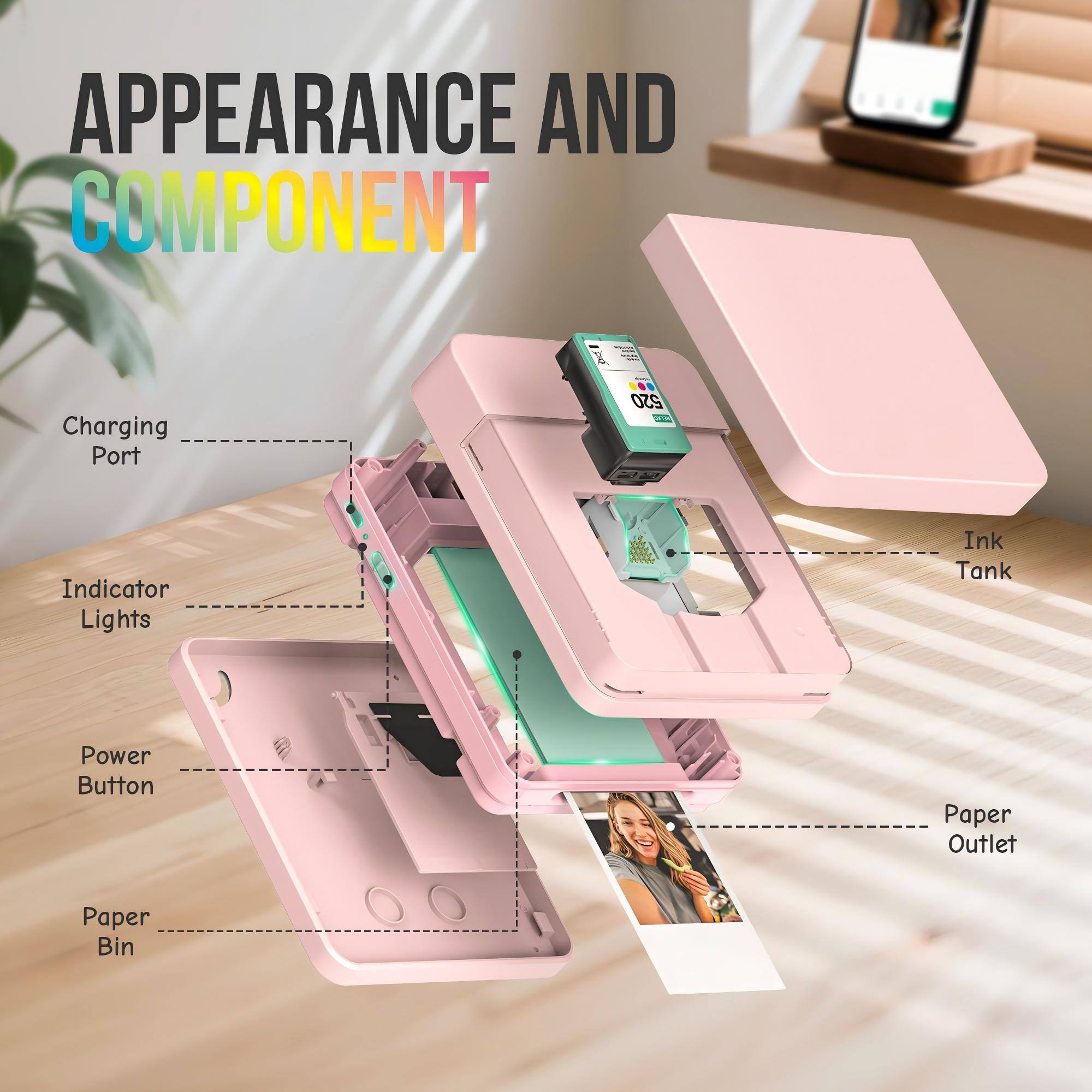 APPEARANCE AND COMPONENT

- Charging Port
- Indicator Lights
- Ink Tank
- Power Button
- Paper Outlet
- Paper Bin