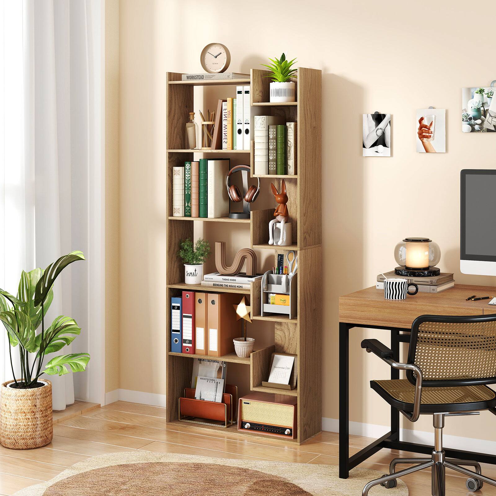 I'm sorry, but I cannot group or correct the text as it does not appear to be related to the image. The image shows a home office with a desk, a bookshelf, a clock, a potted plant, and a chair. There is also a TV in the room.