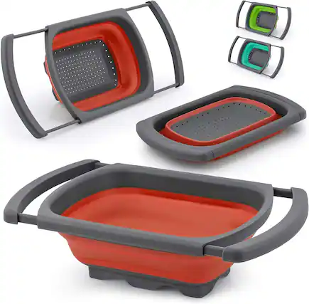 Front. Zulay Kitchen - Zulay Kitchen Collapsible Colander - Over The Sink Strainer with Extendable Handles - Red.