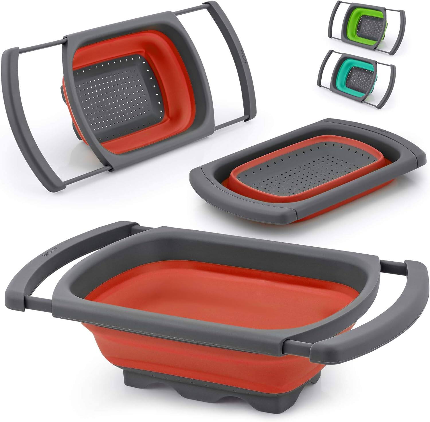 Zulay Kitchen - Collapsible Colander - Over The Sink Strainer with Extendable Handles - Red