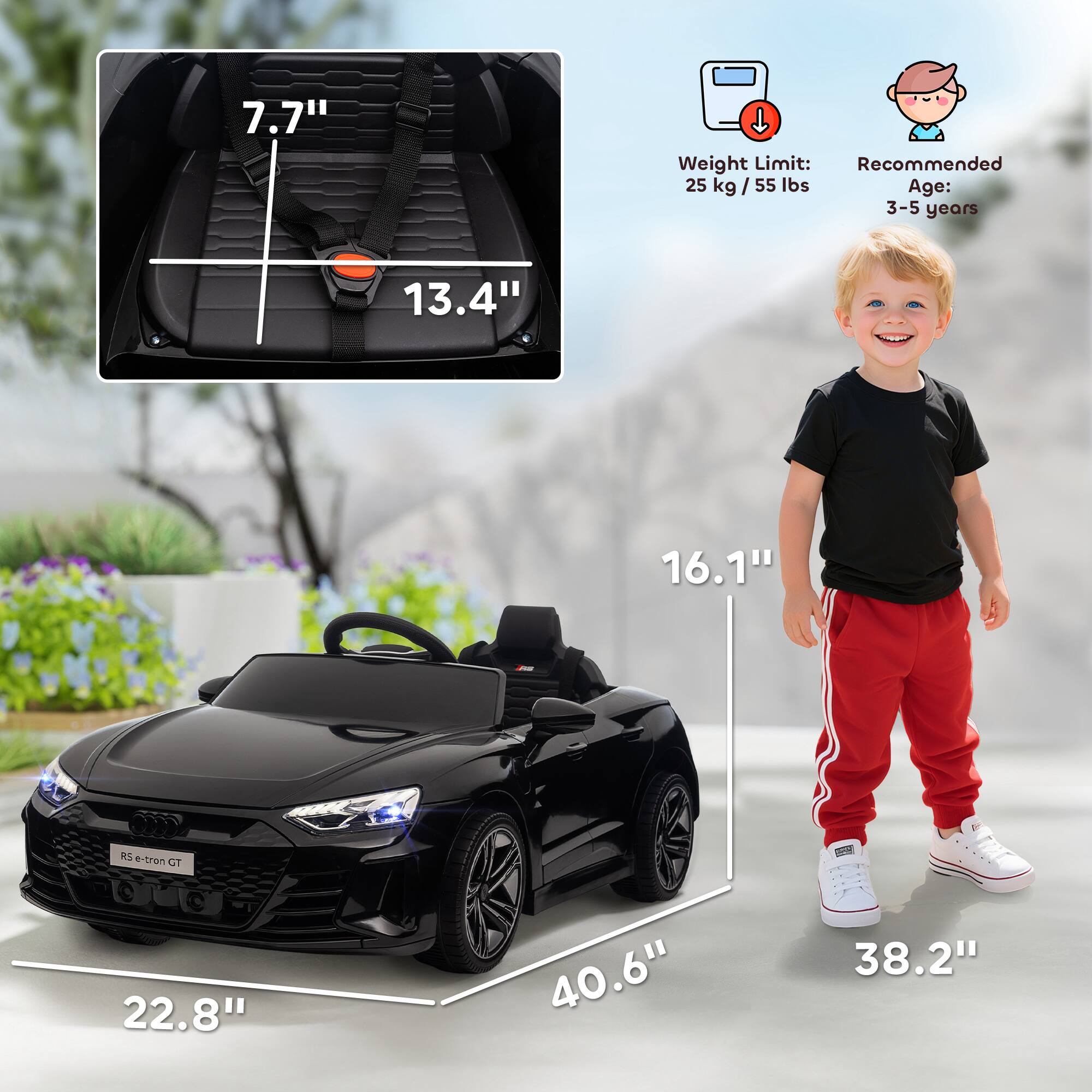 - Weight Limit: 25 kg / 55 lbs
- Recommended Age: 3-5 years
- Seat Dimensions: 7.7" x 13.4"
- Car Dimensions: 22.8" x 40.6" x 16.1"
- Child Height: 38.2"