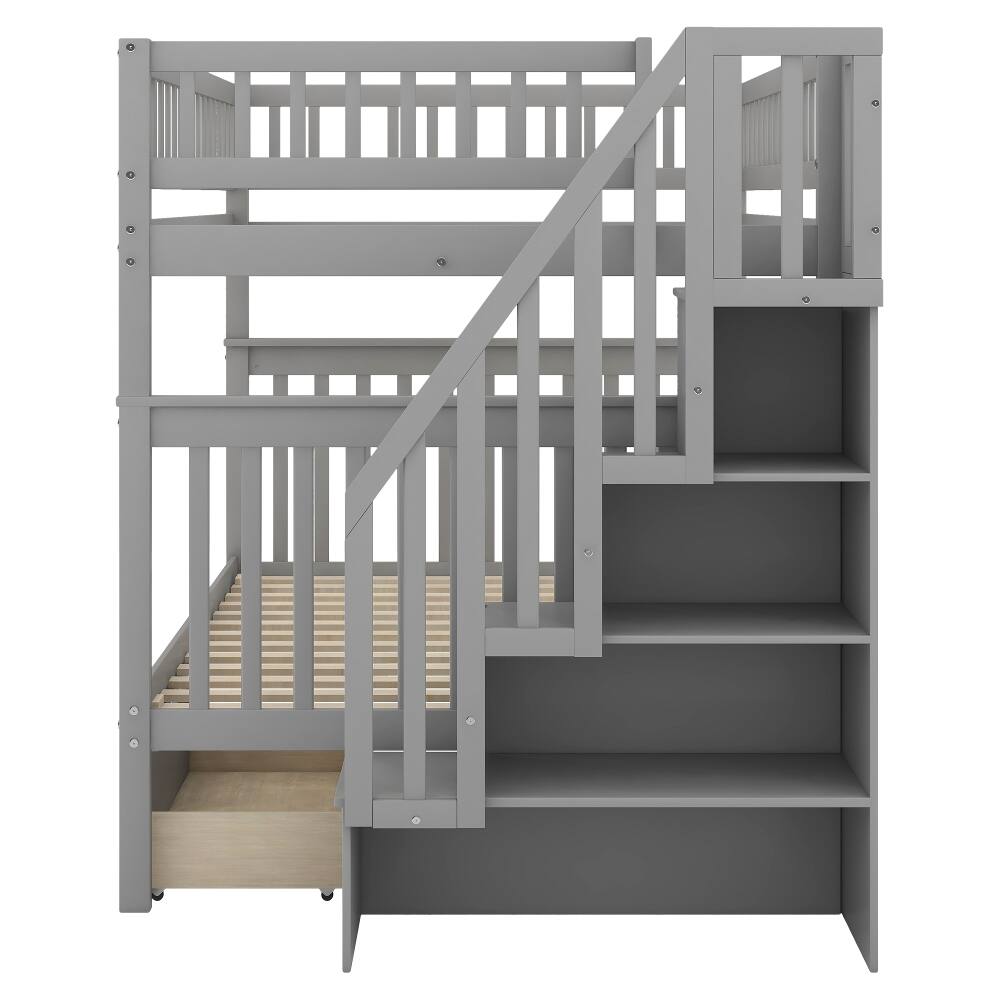 Alt View 4. Loheer - Loheer Full Over Full Bunk Bed with Drawers, Gray Pine Wood Bunk Bed with Storage and Ladder, 250lb Capacity - Gray.
