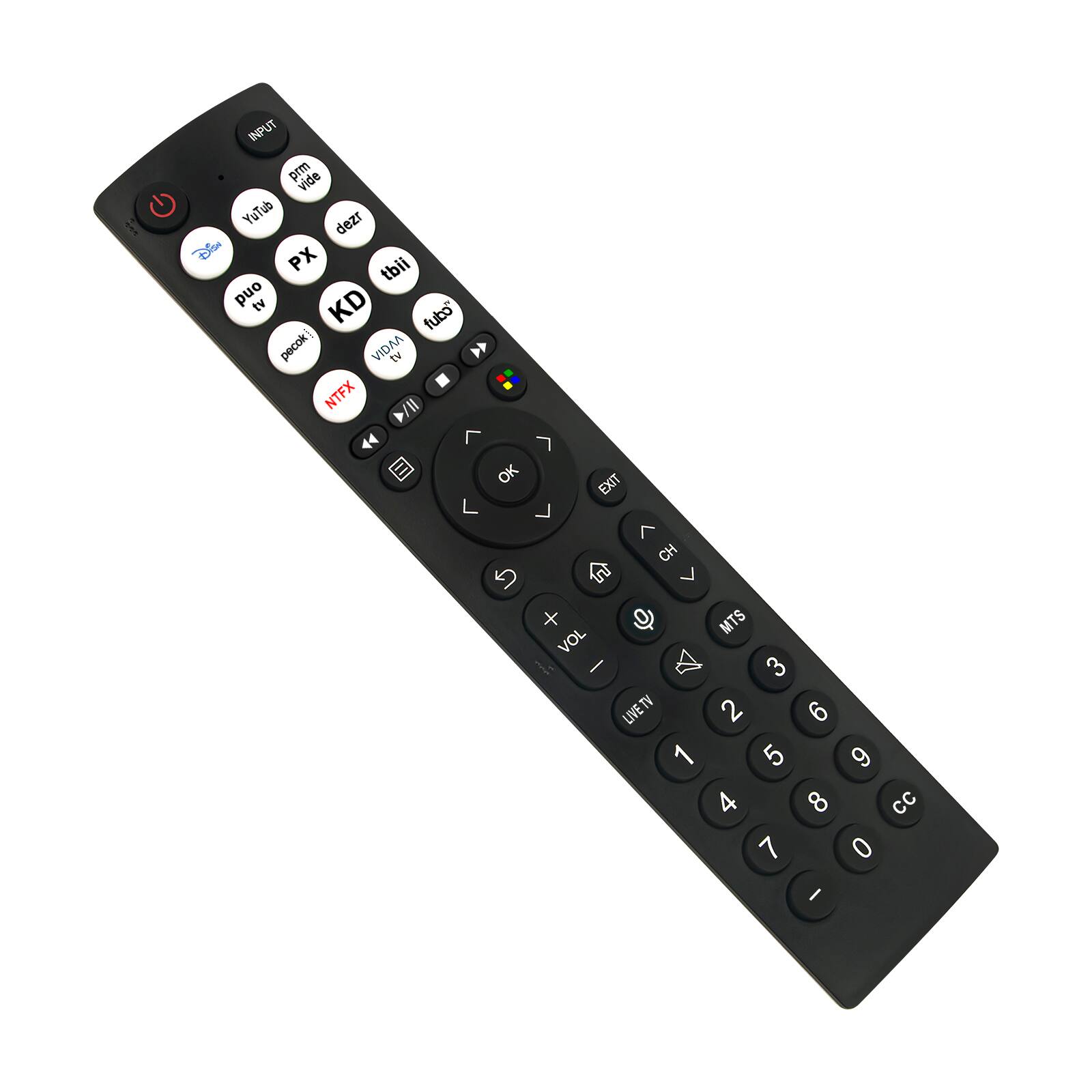INPUT prm vide YuTub dezr Disney PX tbii ond tv KD fubo" pecok VIDAM  NTFX 11/4 OK EXIT L  7 CH a  + @ MTS VOL I 3 TV 2 6 LIVE 1 5 9 4 8 CC 7 0 I