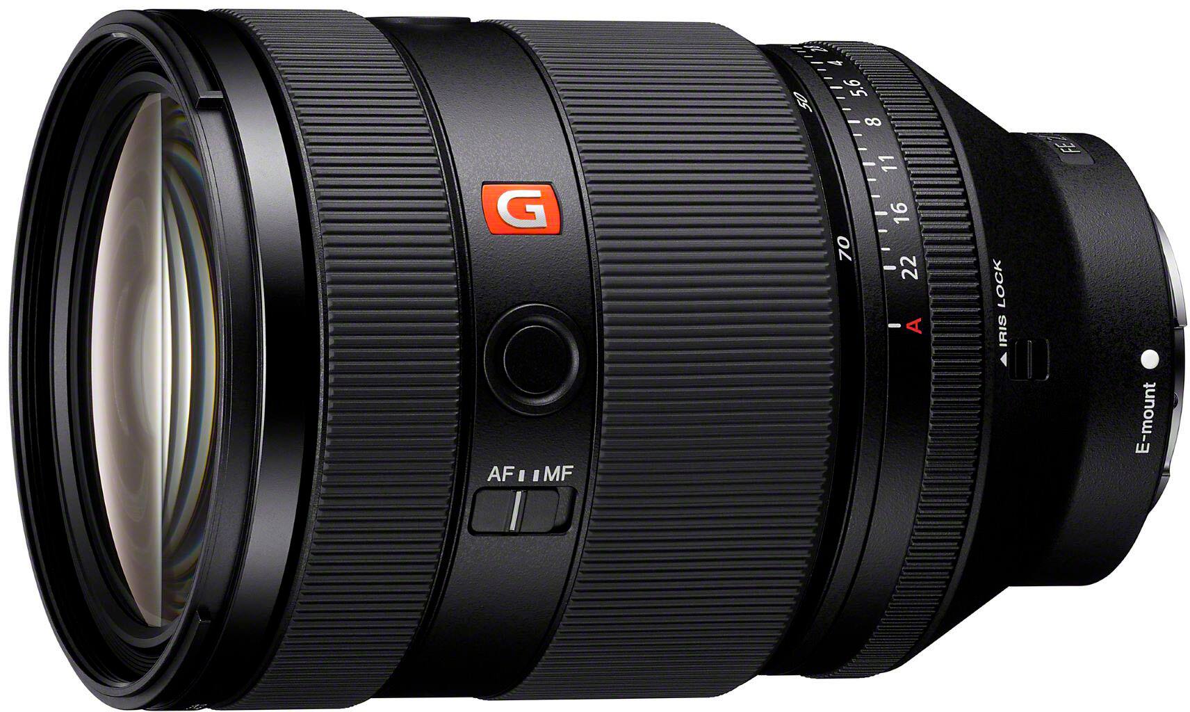 The text on the image reads: "G AF MF 1:1.6 70 - 22 - A LOCK IRIS FE7 E-mount." This text describes the specifications of the lens, including the focal length, aperture, and mount type. The focal length is 50mm, the aperture is f/4, and the mount type is E-mount. The lens is designed for use with mirrorless cameras, as indicated by the E-mount designation.