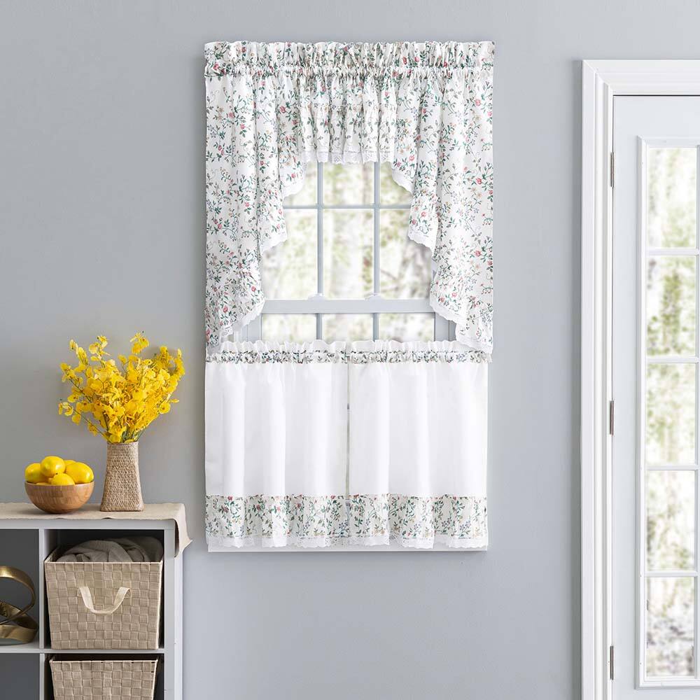 Angle. Ellis Curtain - Ellis Country Floral Small Scale 1.5" Rod Pocket Floral Pattern with Ruffle Lace Edge Swag 58"x36" Multicolor - Multicolor.