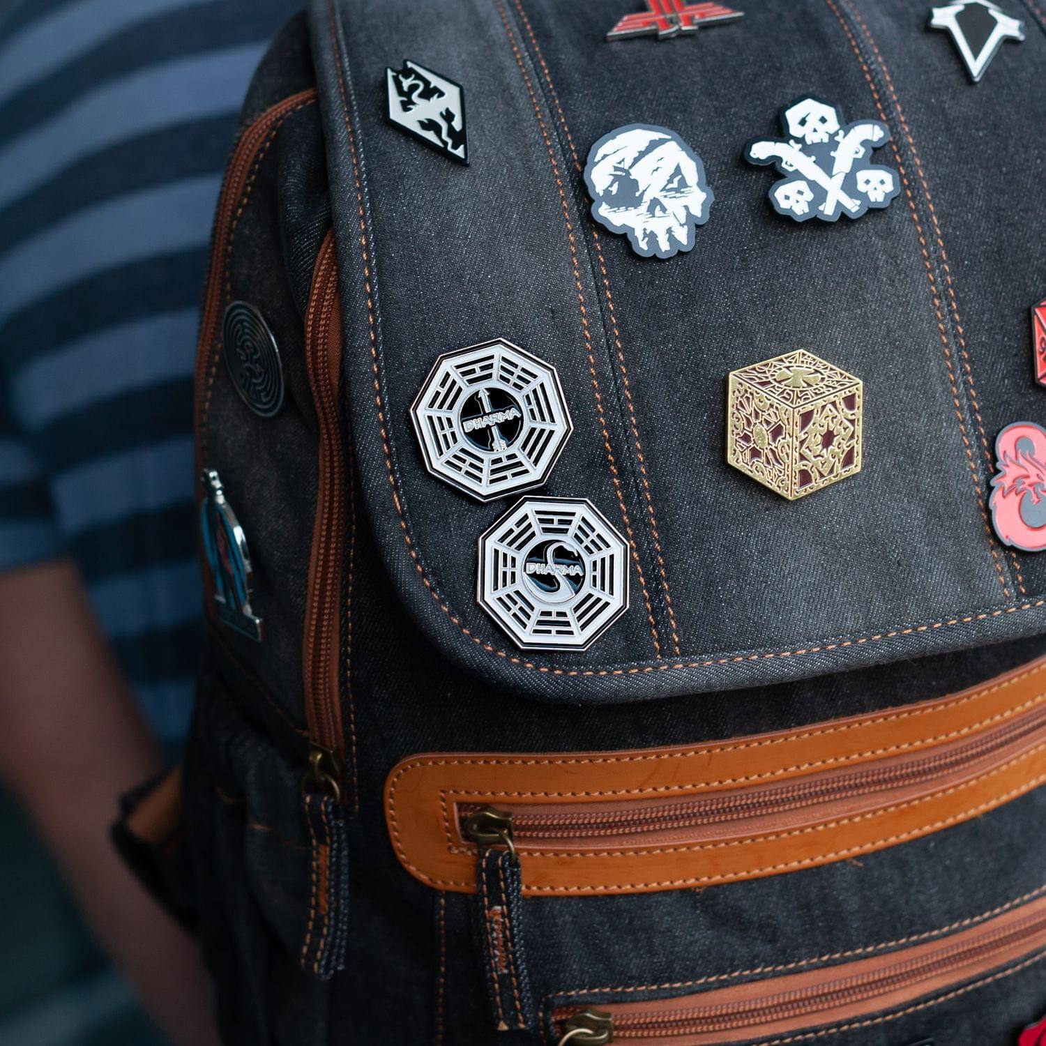 The text on the image is not clearly visible, but based on the context, it seems to be related to the designs on the backpack. Here is a possible grouping and correction of the text:

1. **GARNA PSHA** - This appears to be a brand or design name on the backpack.

2. **Other designs:**
   - Skull and crossbones
   - Hexagonal designs with a central symbol
   - Cube with intricate patterns
   - Red and white designs (possibly a logo or emblem)

If you have specific text that needs correction or clarification, please provide it, and I can help further!