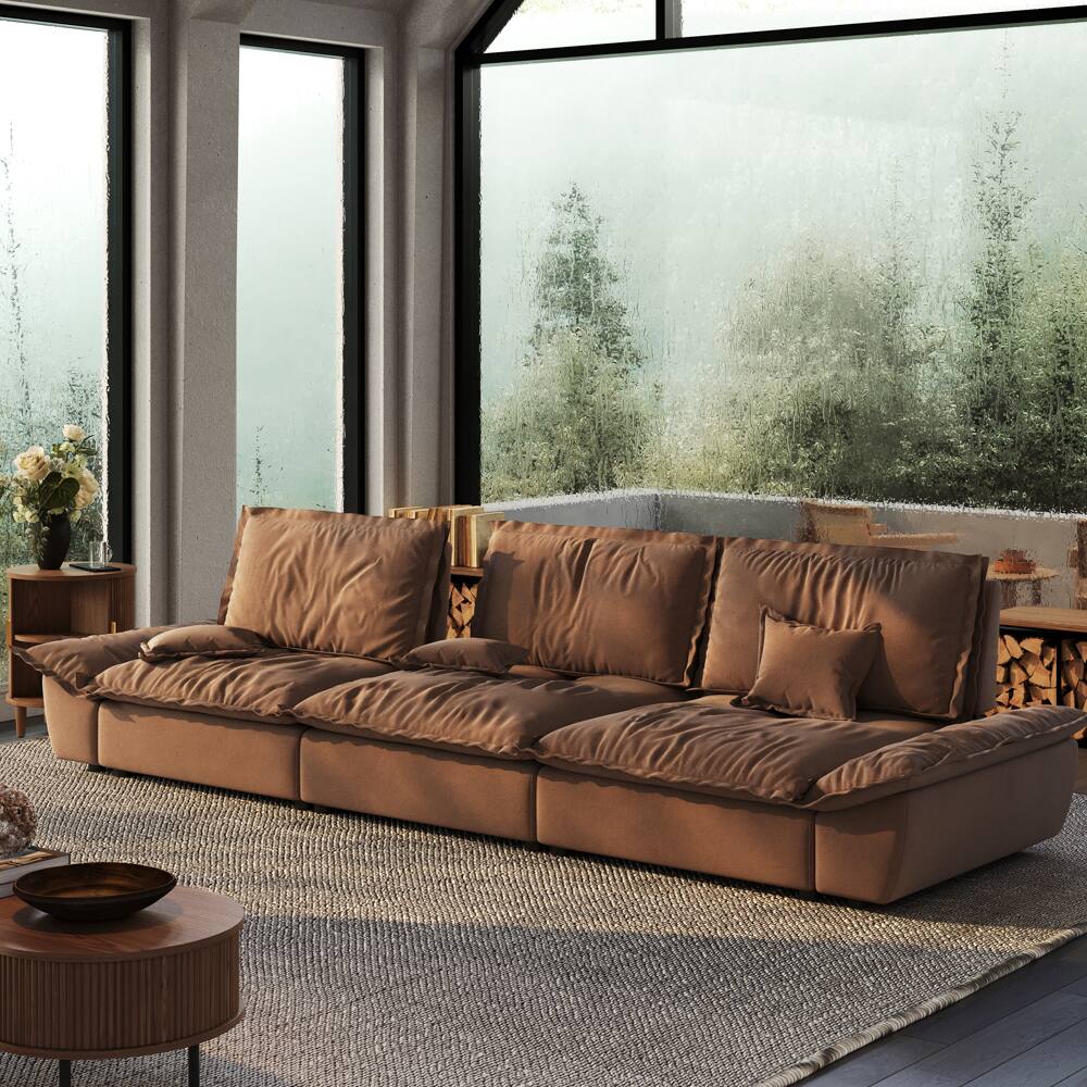 Left. POVISON - 141.73" Sailboat Deep Sofa Stain Resistant Cozy Couch with Adjustable Backrest - Brown Suede Fabric.