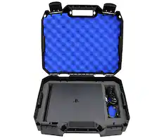 Front. CASEMATIX - Hard Travel Case Compatible with PS4 Slim Console – Fits PlayStation 4 Slim 1TB, Controllers, Games & Cables - Black.
