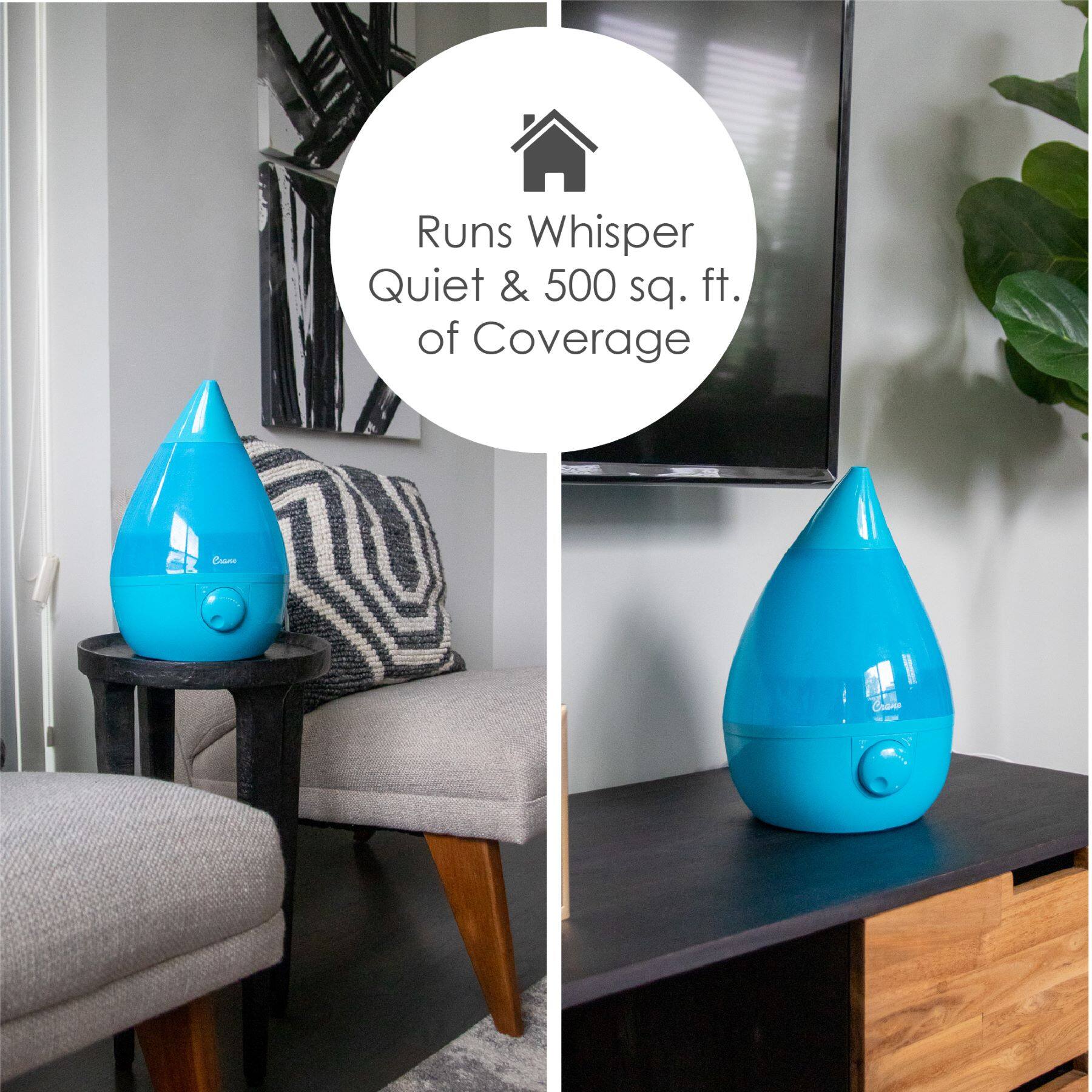 The image features a blue air purifier, which is placed on a table in a living room. The air purifier is designed to run quietly and provide coverage of up to 500 square feet. The living room has a comfortable setting with a couch, a chair, and a TV. The air purifier is placed on a table, and there is a potted plant nearby, adding a touch of greenery to the room. The image showcases the quiet operation and efficient coverage provided by the air purifier in a cozy living space.