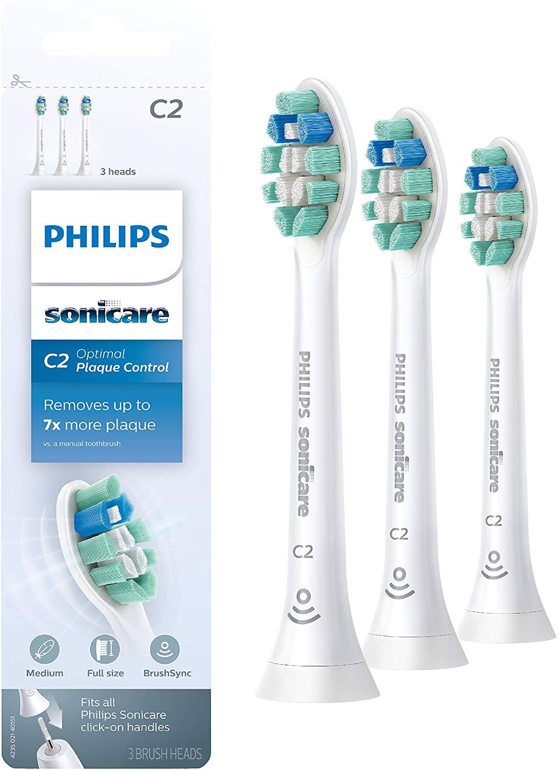PHILIPS sonicare  
C2 Optimal Plaque Control  
Removes up to 7x more plaque vs. a manual toothbrush  

3 heads  
Medium  
Full size  
BrushSync  

Fits all Philips Sonicare click-on handles  
3 BRUSH HEADS