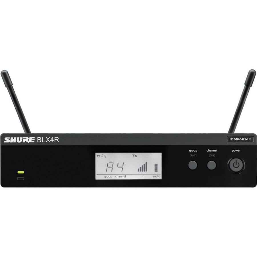 SHURE BLX4R  
H8 518-542 MHz  
tv 24  
TA  
A group (A-Y)  
channel (0-9)  
power  
group channel  
rf audio