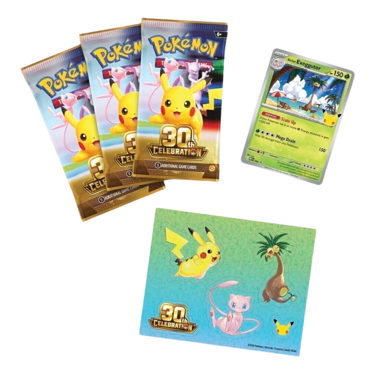 6+ Pokémon T! 30th CELEBRATION 3 ADDITIONAL GAME CARDS 5 ADDITIONAL

Alolan Exeggutor 150

Ability: Scale Up
- This Pokémon has +250 HP.
- Heal 50 damage from this Pokémon.

Mega Drain
- This Pokémon gets damage not dealt to it.

30th CELEBRATION