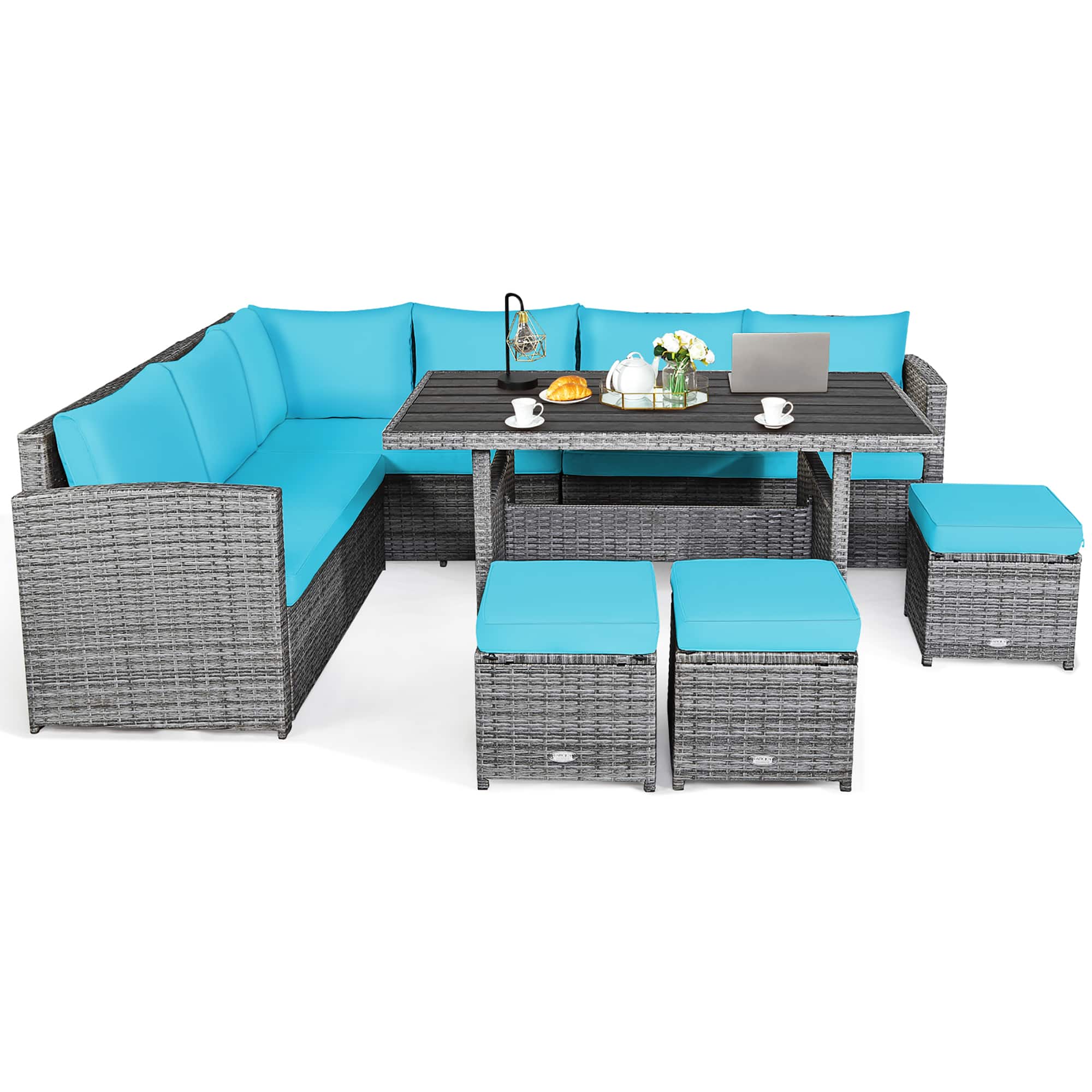 Front. Costway - 7 PCS Patio Rattan Dining Set Sectional Sofa Couch Ottoman Garden - Turquoise.