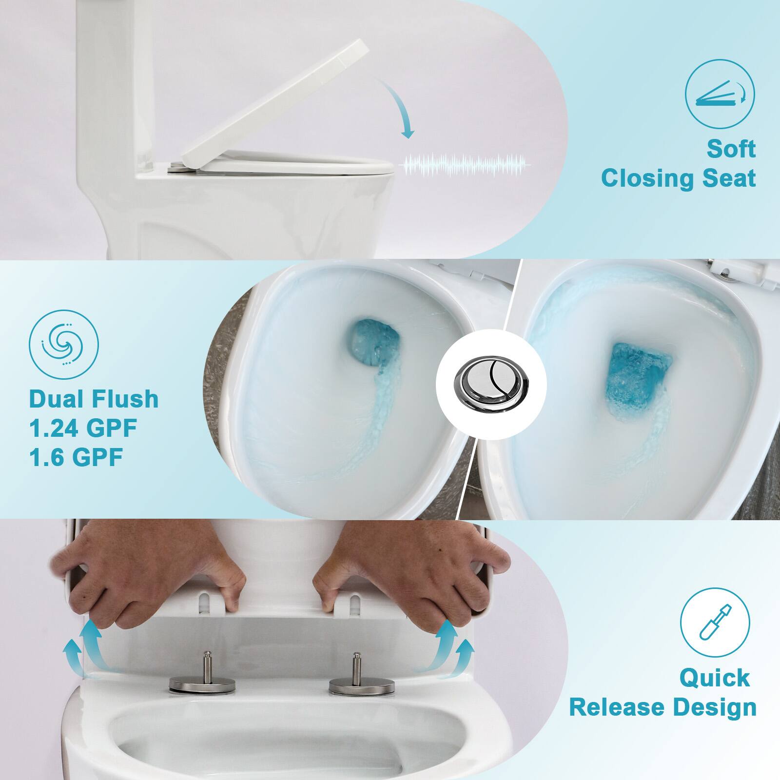 - Soft Closing Seat
- Dual Flush
  - 1.24 GPF
  - 1.6 GPF
- Quick Release Design