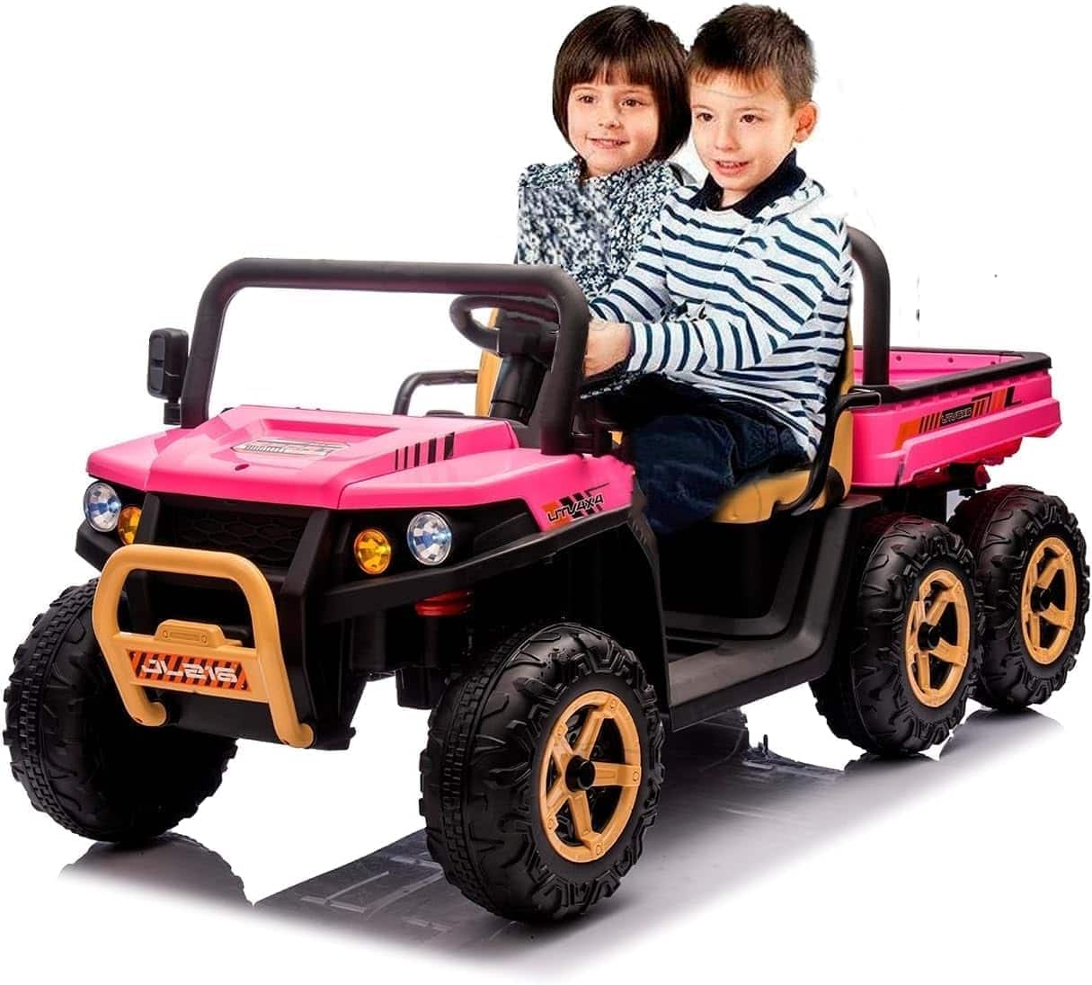 Electrodes Masters - 24V Kids Electric Dump Truck with Remote Control - 2 Seater 6-Wheel 4WD UTV, Dump Bed, 3 Speeds, LED Headlights - Pink