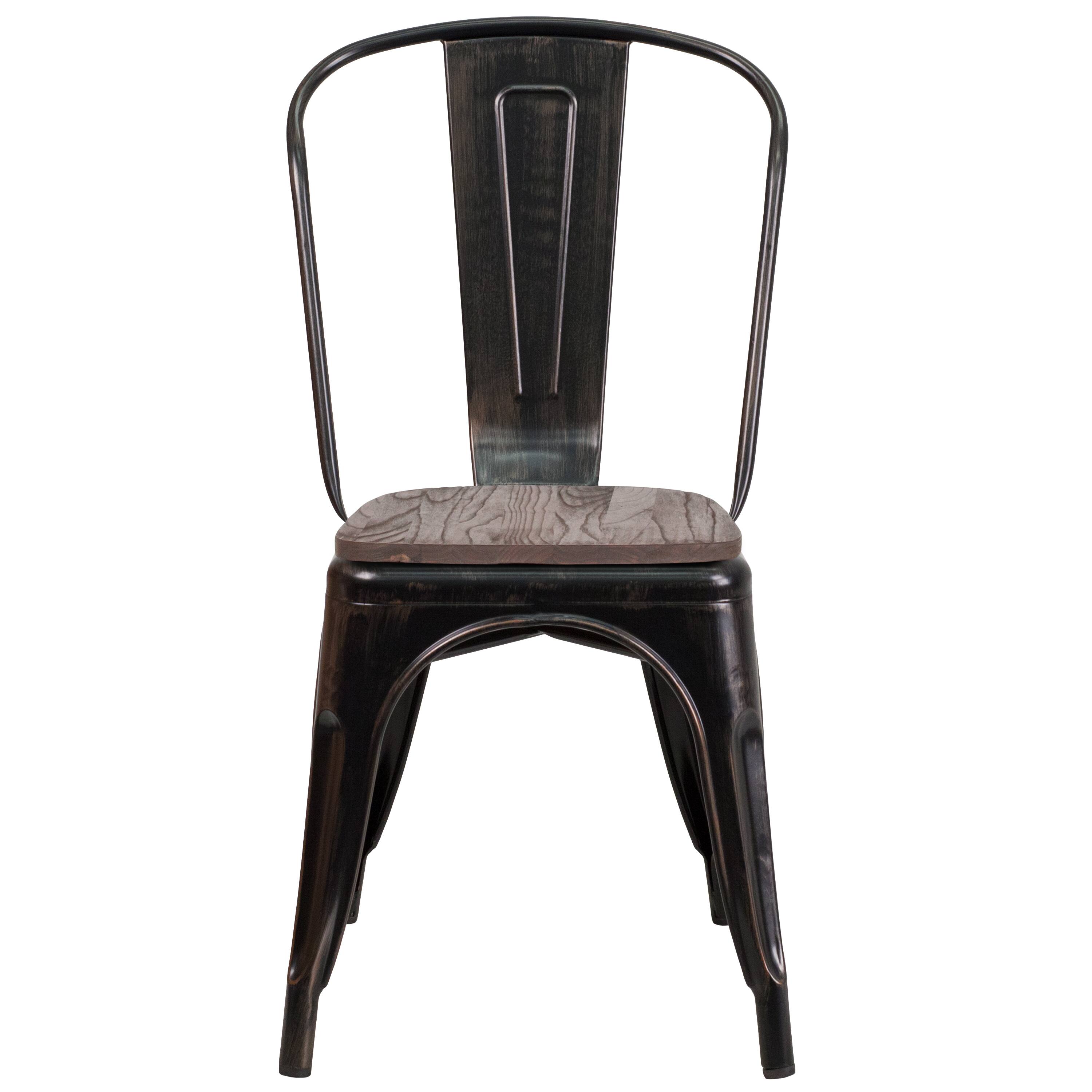 Alt View 7. Emma + Oliver - Colorful Metal Stackable Dining Chair with Wood Seat - Black-Antique Gold.
