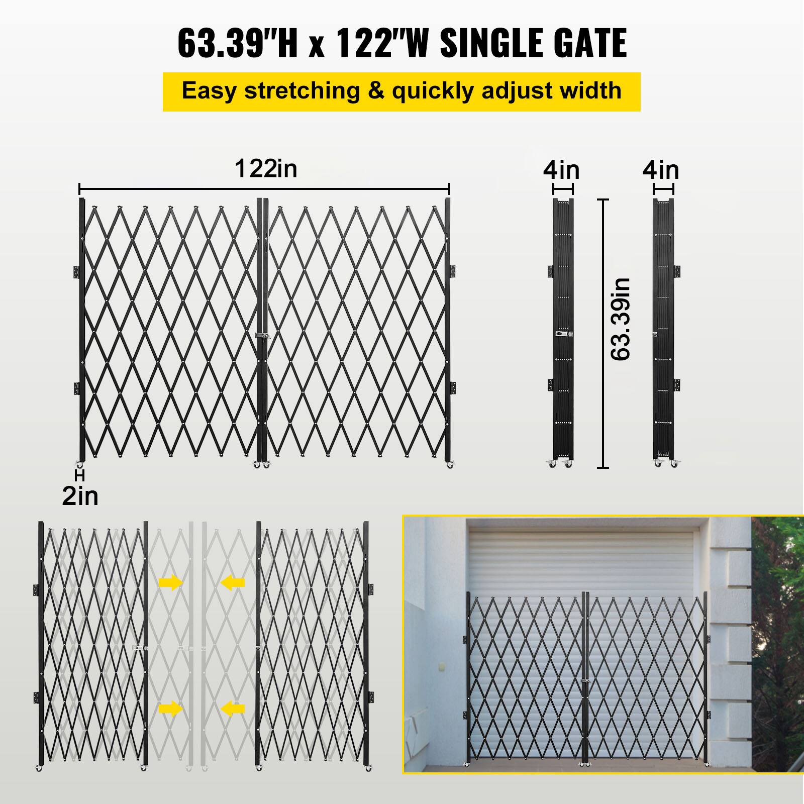 63.39"H x 122"W SINGLE GATE  
Easy stretching & quickly adjust width  

122in  
4in  
4in  
63.39in  
2in