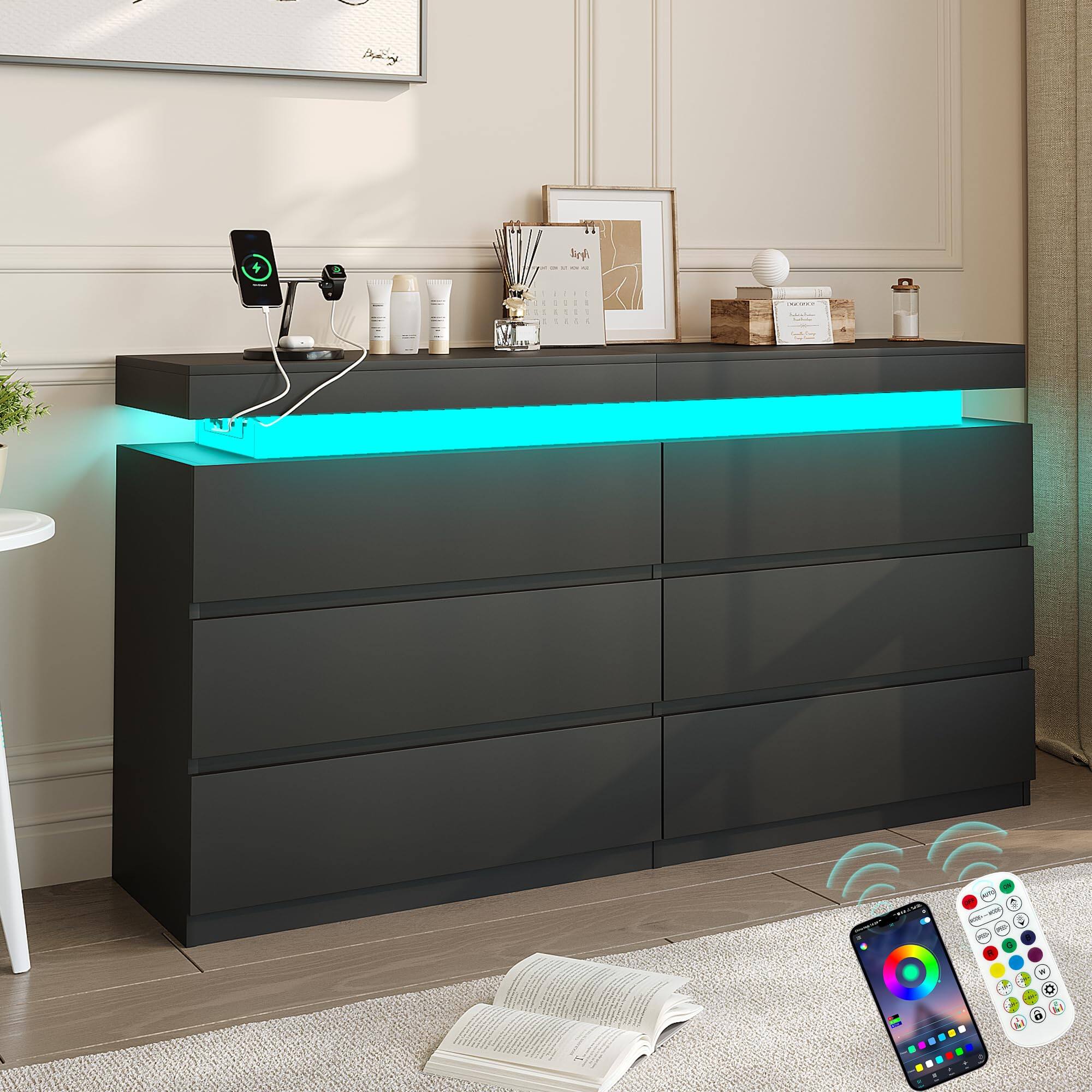 Back. Dyonery - Modern 6-Drawer Dresser with Sliding Desktop & Power Outlet -  Storage Cabinet with LED Lights - Black.