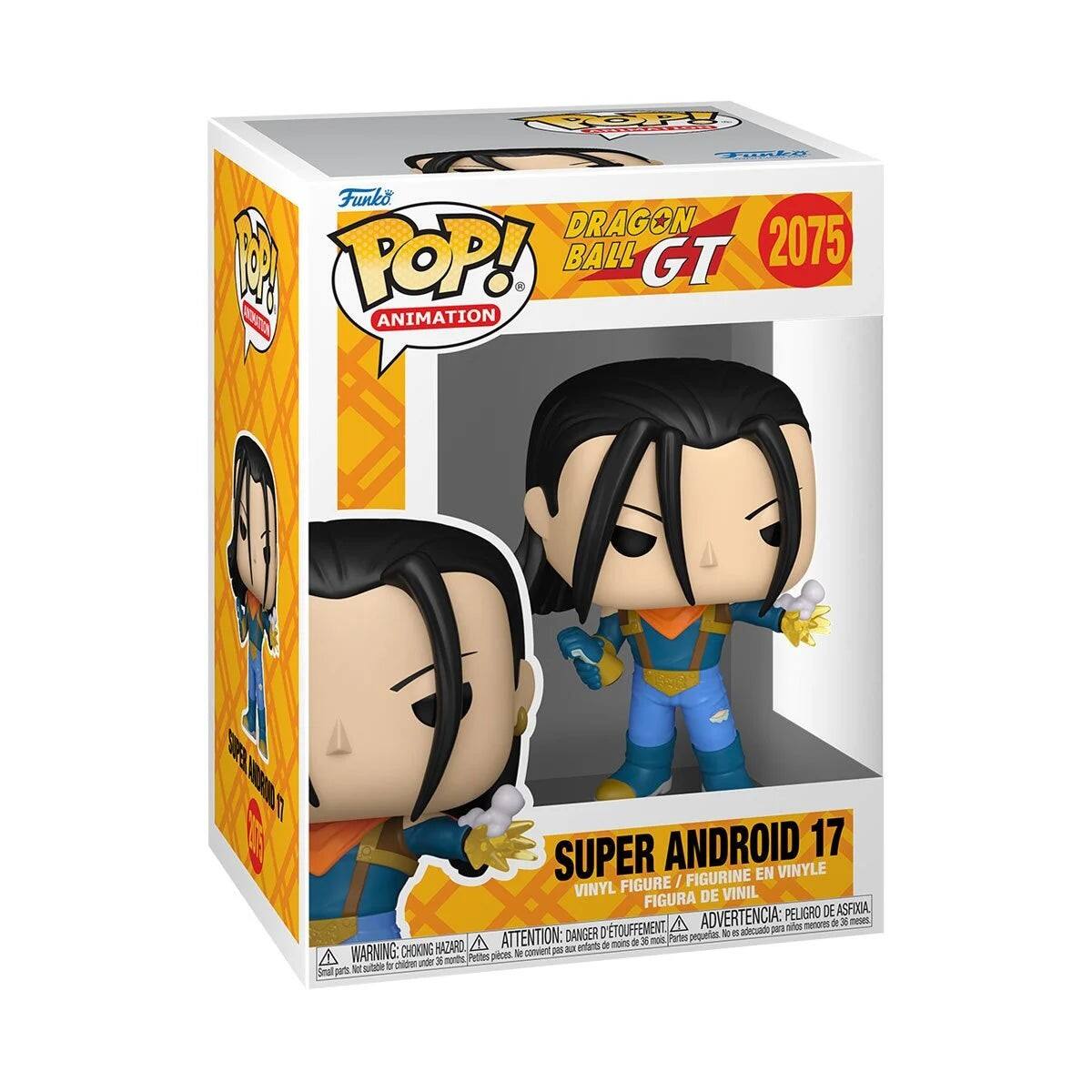 Funko POP!  
ANIMATION  

DRAGON BALL GT  
2075  

SUPER ANDROID 17  
VINYL FIGURE / FIGURINE EN VINYLE / FIGURA DE VINIL  

WARNING: CHOKING HAZARD - Small parts. Not for children under 3 years.  
ADVERTENCIA: PELIGRO DE AFOGAMENTO - Pequeñas piezas. No es adecuado para niños menores de 3 años.  
ATTENTION: DANGER - Petite pièce. Ne convient pas aux enfants de moins de 3 ans.