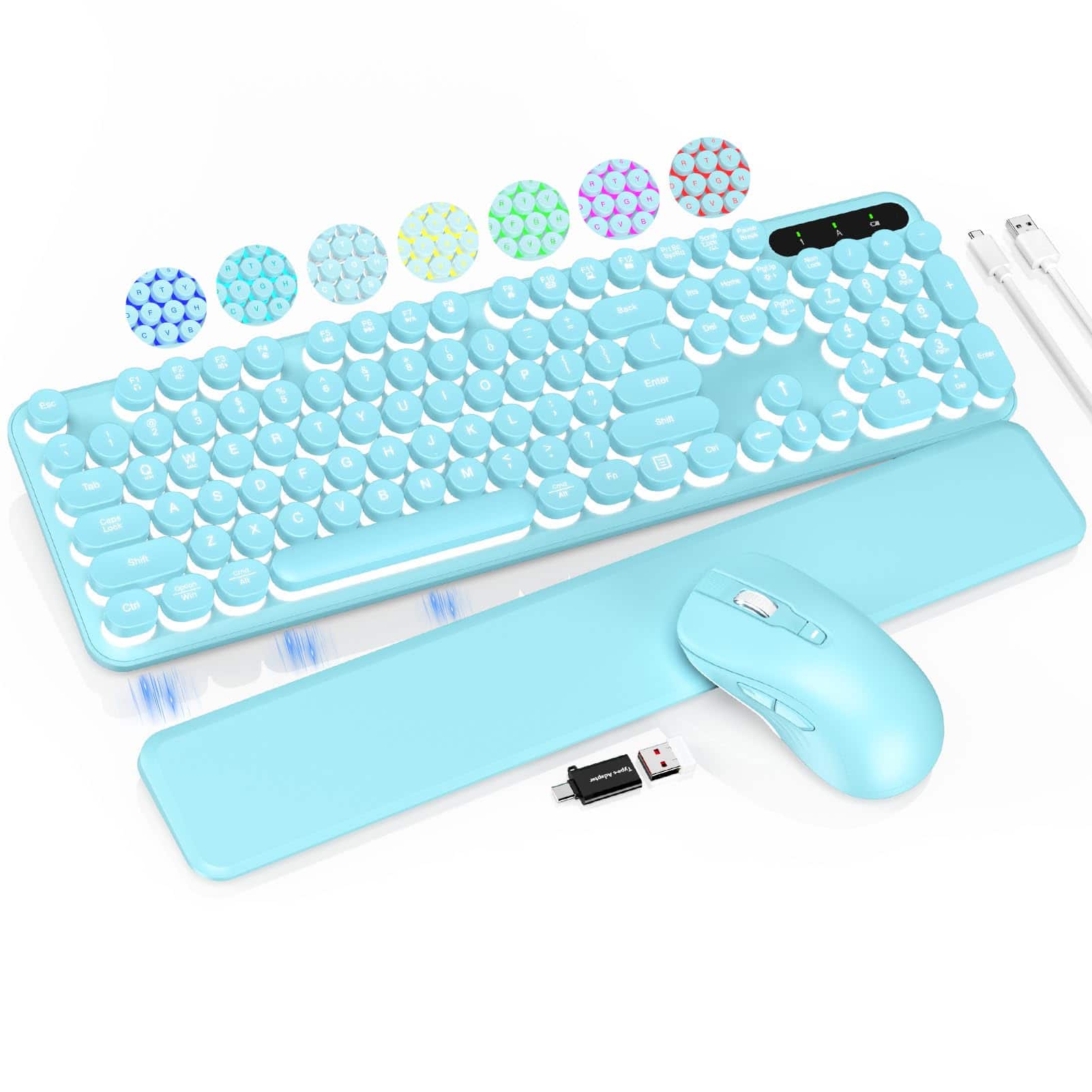 Empire DigiLabs - Wireless And Mouse Combo Retro Round Keycaps Full size Cute Typewriter With Large Phone tablet Holder Auto - Aqua Blue