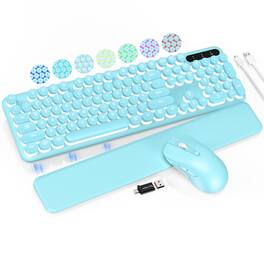 Empire DigiLabs - Wireless And Mouse Combo Retro Round Keycaps Full size Cute Typewriter With Large Phone tablet Holder Auto - Aqua Blue