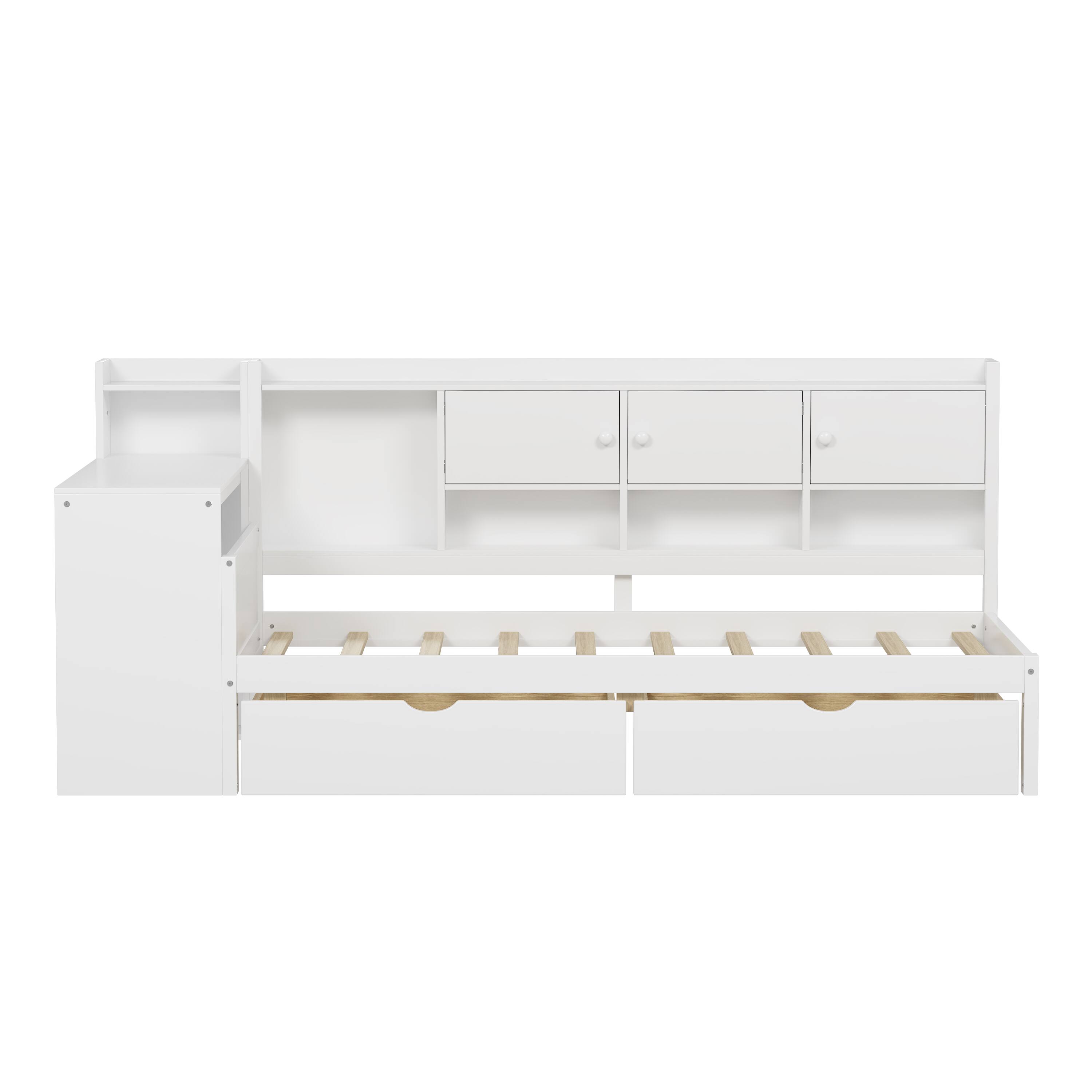 Left. Tiramisubest - Wooden L-Shape Daybed with Storage Cabinets and Drawers, Multi-functional Bed with Study Desk and Built-in Bookshelf - White.