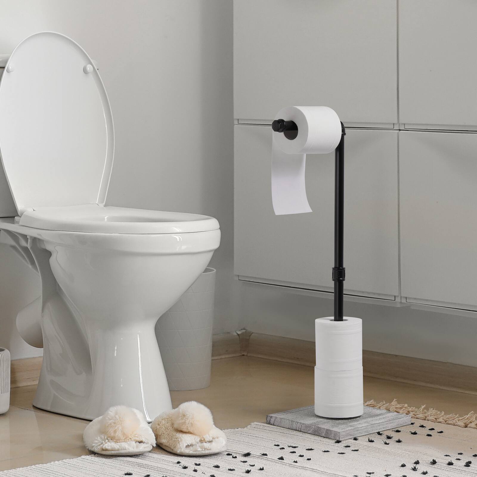 Alt View 3. Oumilen - Industrial Pipe Freestanding Toilet Paper Holder – Black Metal Stand with Graywashed Wood Base.